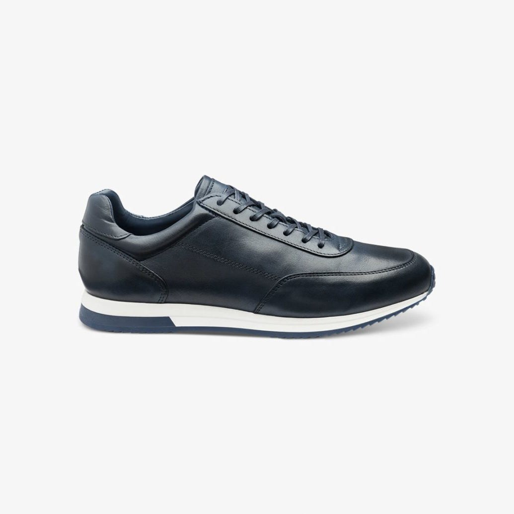 Bannister Navy Burnished Calf Leather Trainers