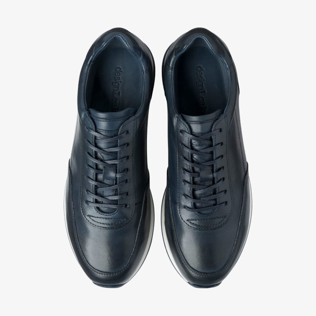 Bannister Navy Burnished Calf Leather Trainers