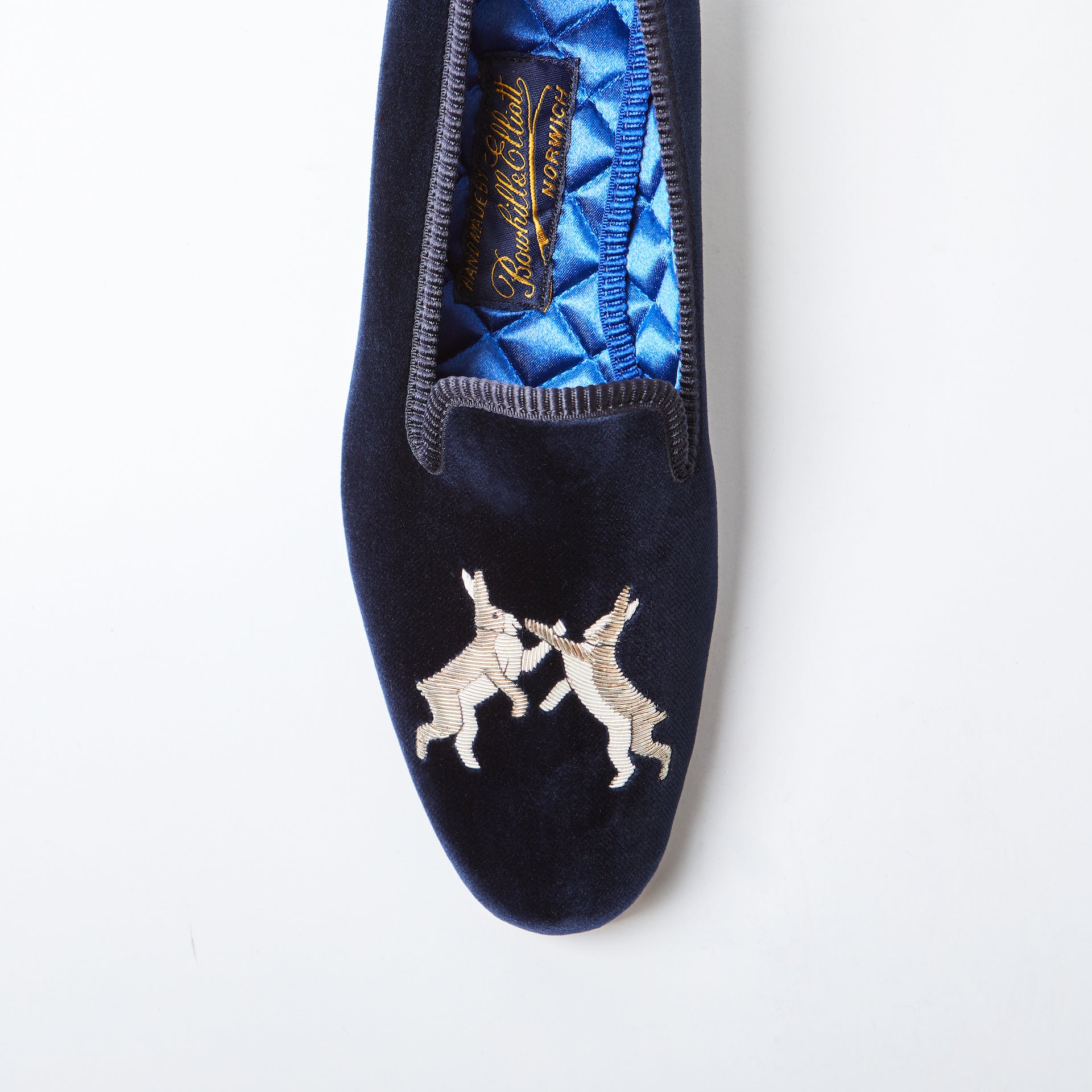 Navy Velvet Albert Slippers with Embroidered Boxing Hares