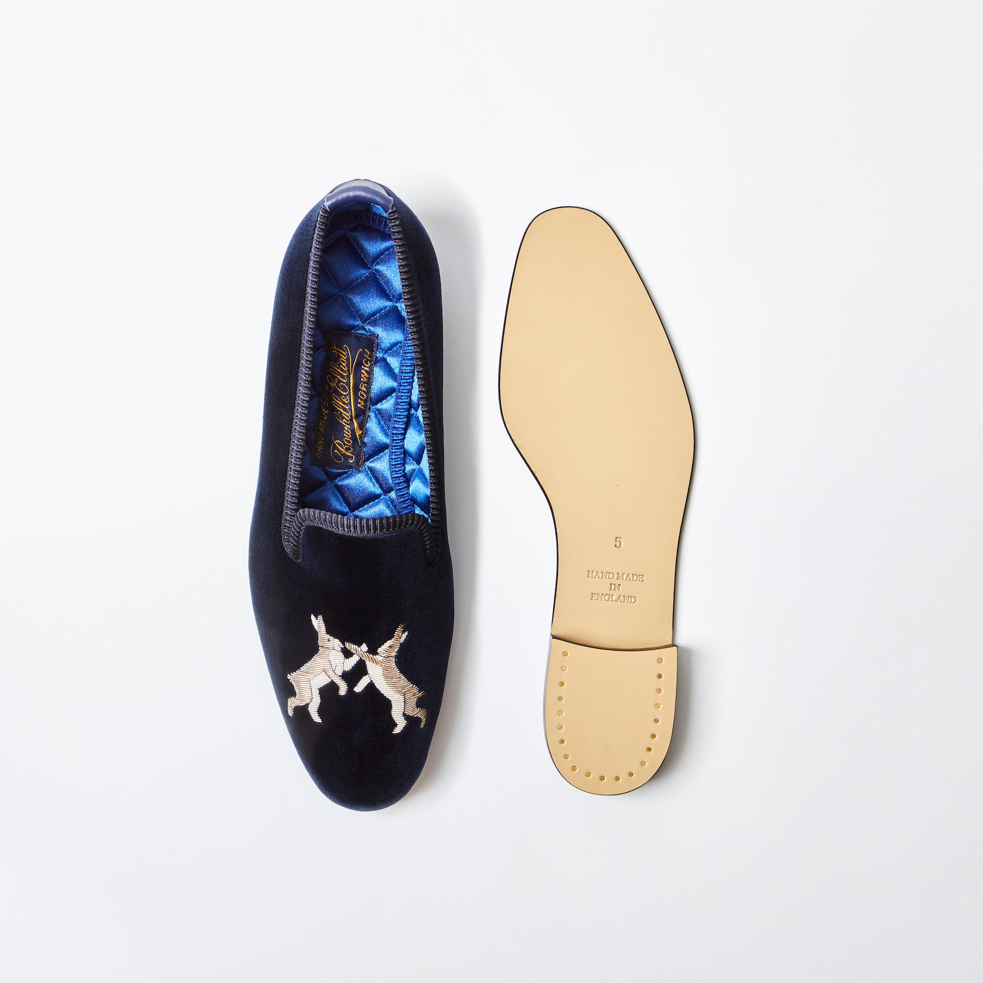 Navy Velvet Albert Slippers with Embroidered Boxing Hares