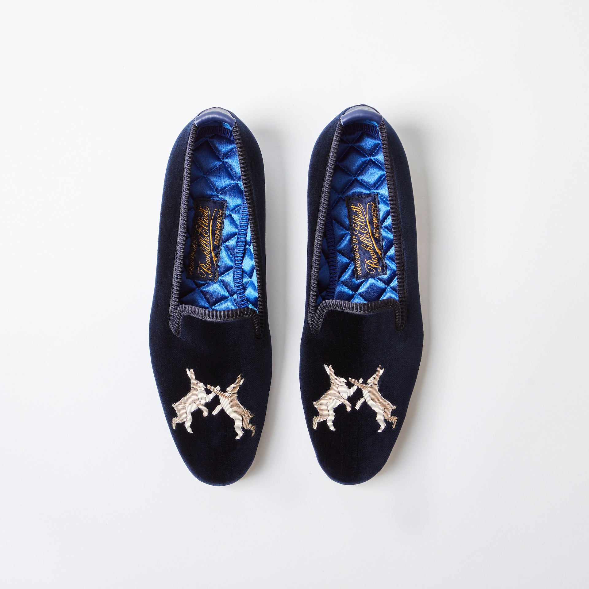 Navy Velvet Albert Slippers with Embroidered Boxing Hares