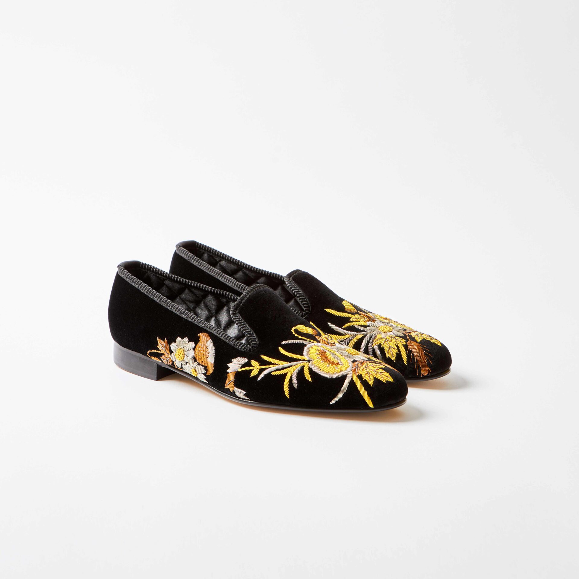 Black Velvet Albert Slippers with Embroidered Anniversary Poppies