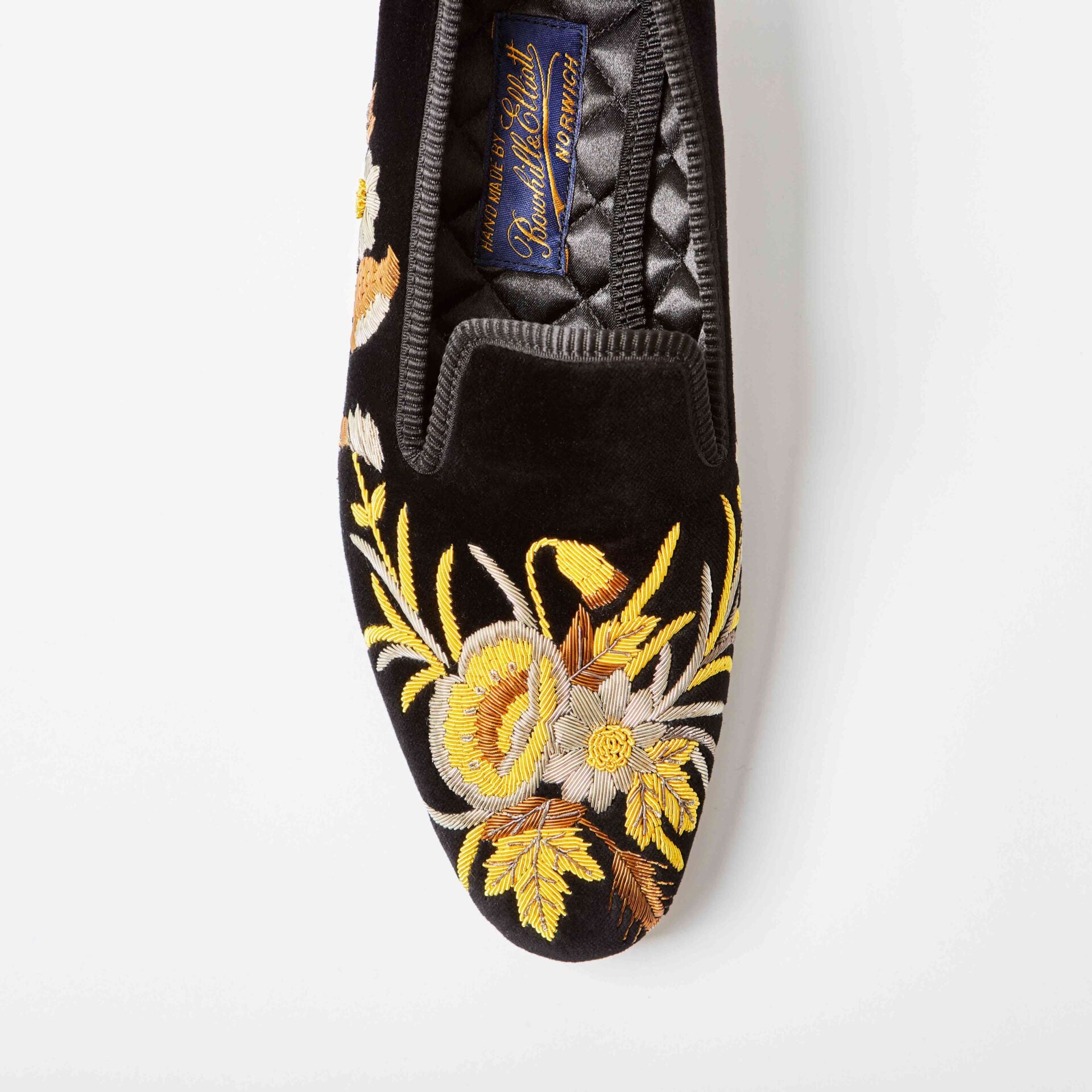 Black Velvet Albert Slippers with Embroidered Anniversary Poppies