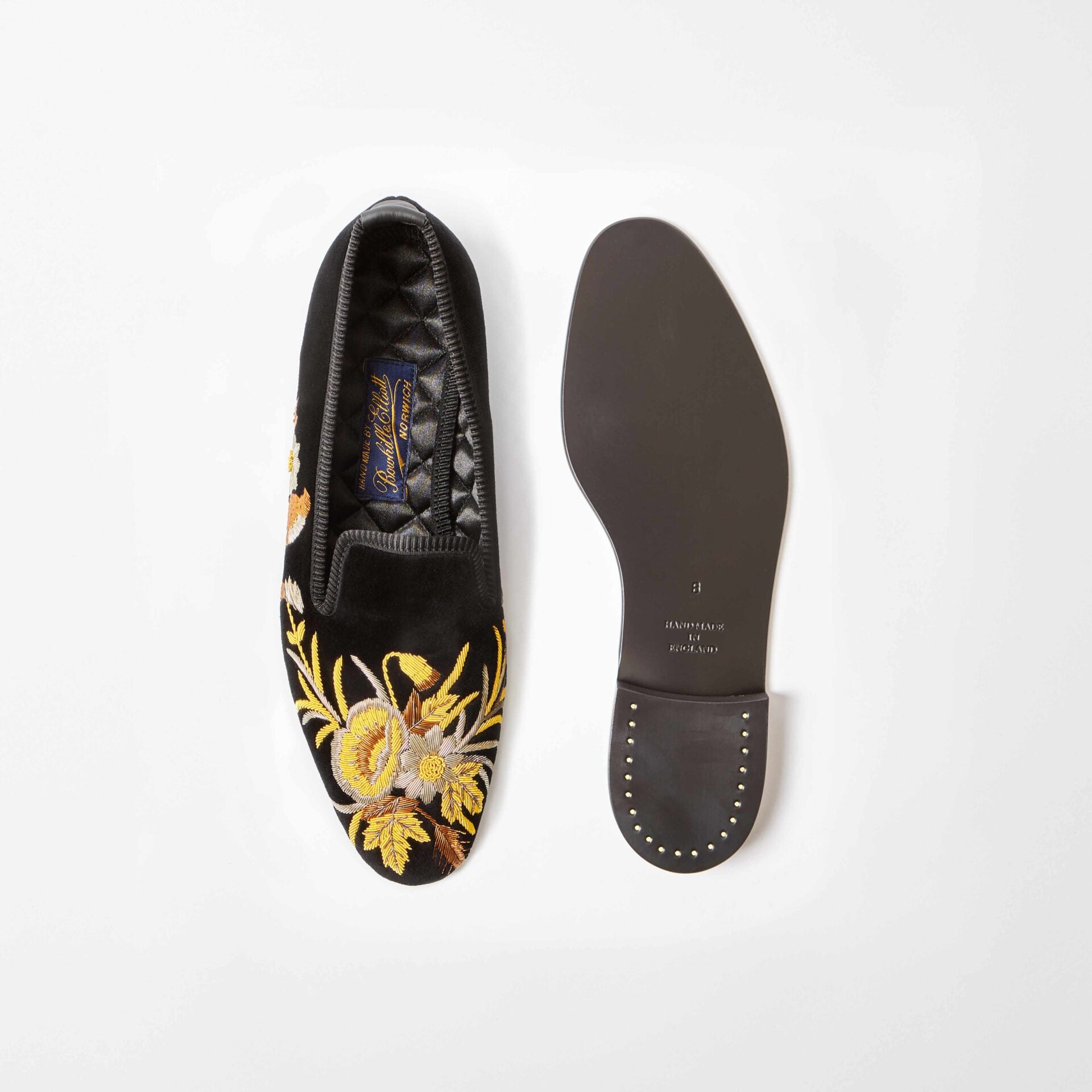 Black Velvet Albert Slippers with Embroidered Anniversary Poppies