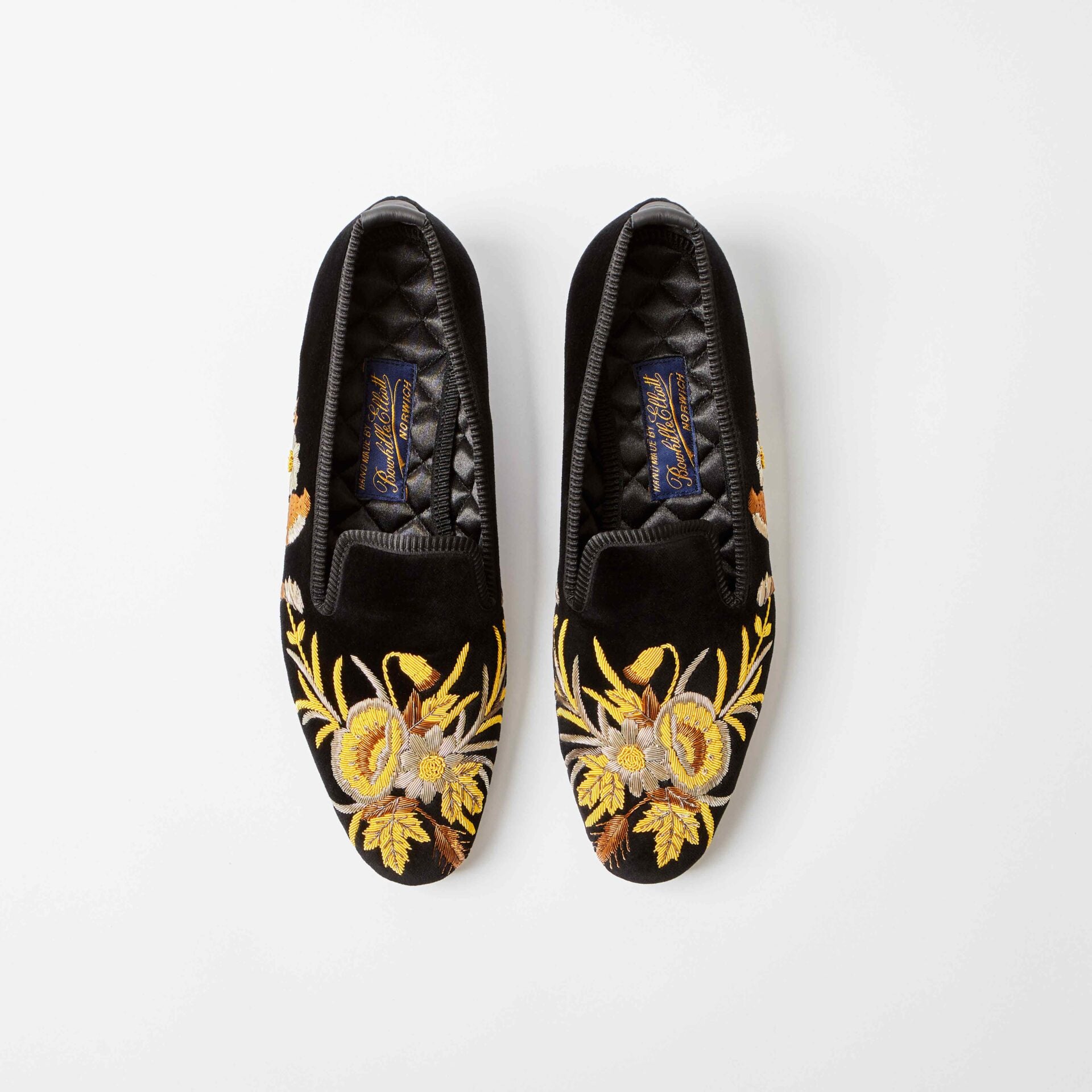 Black Velvet Albert Slippers with Embroidered Anniversary Poppies