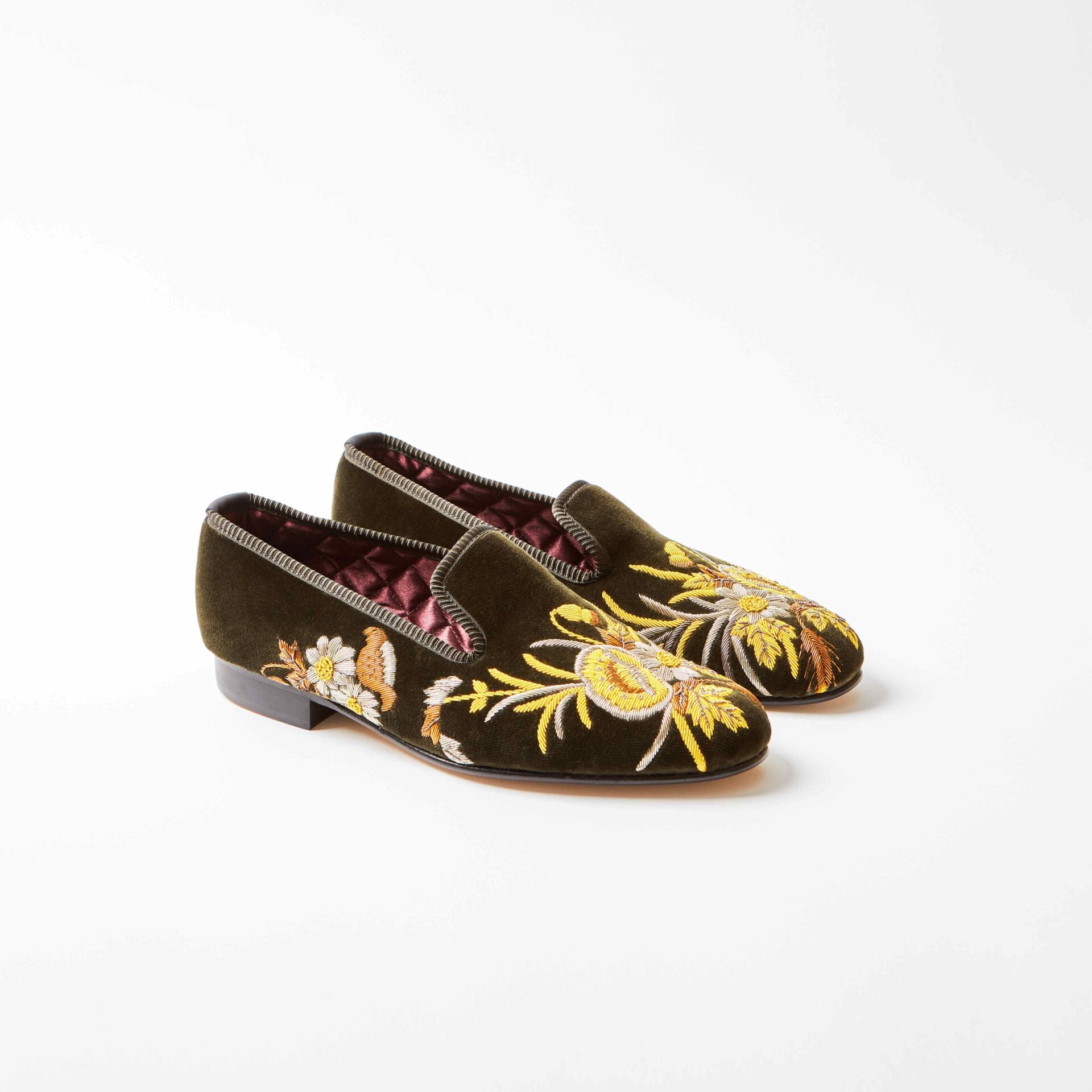 Olive Velvet Albert Slippers with Anniversary Poppies