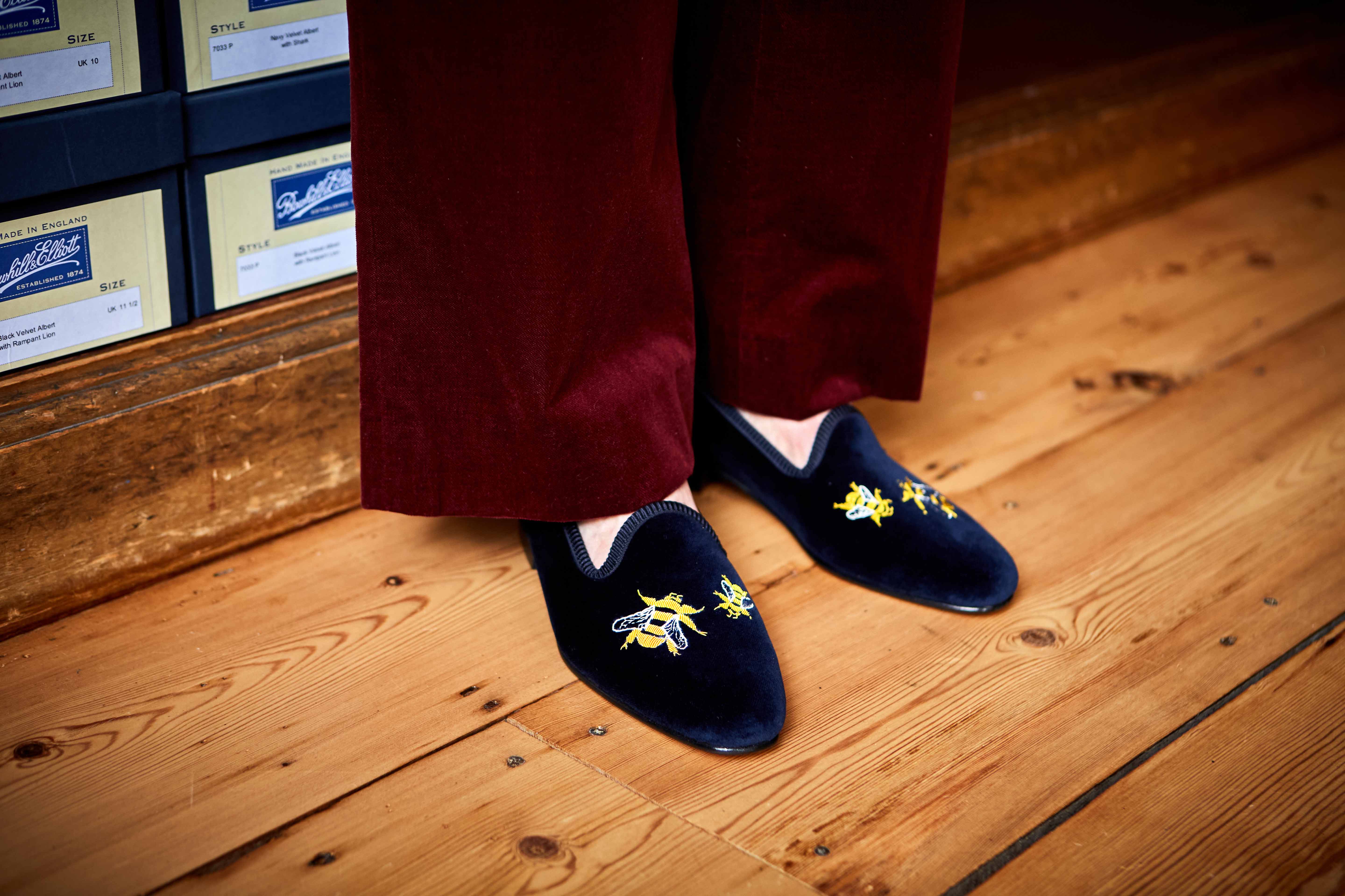 Navy Velvet Venetian Slippers with Embroidered Bees