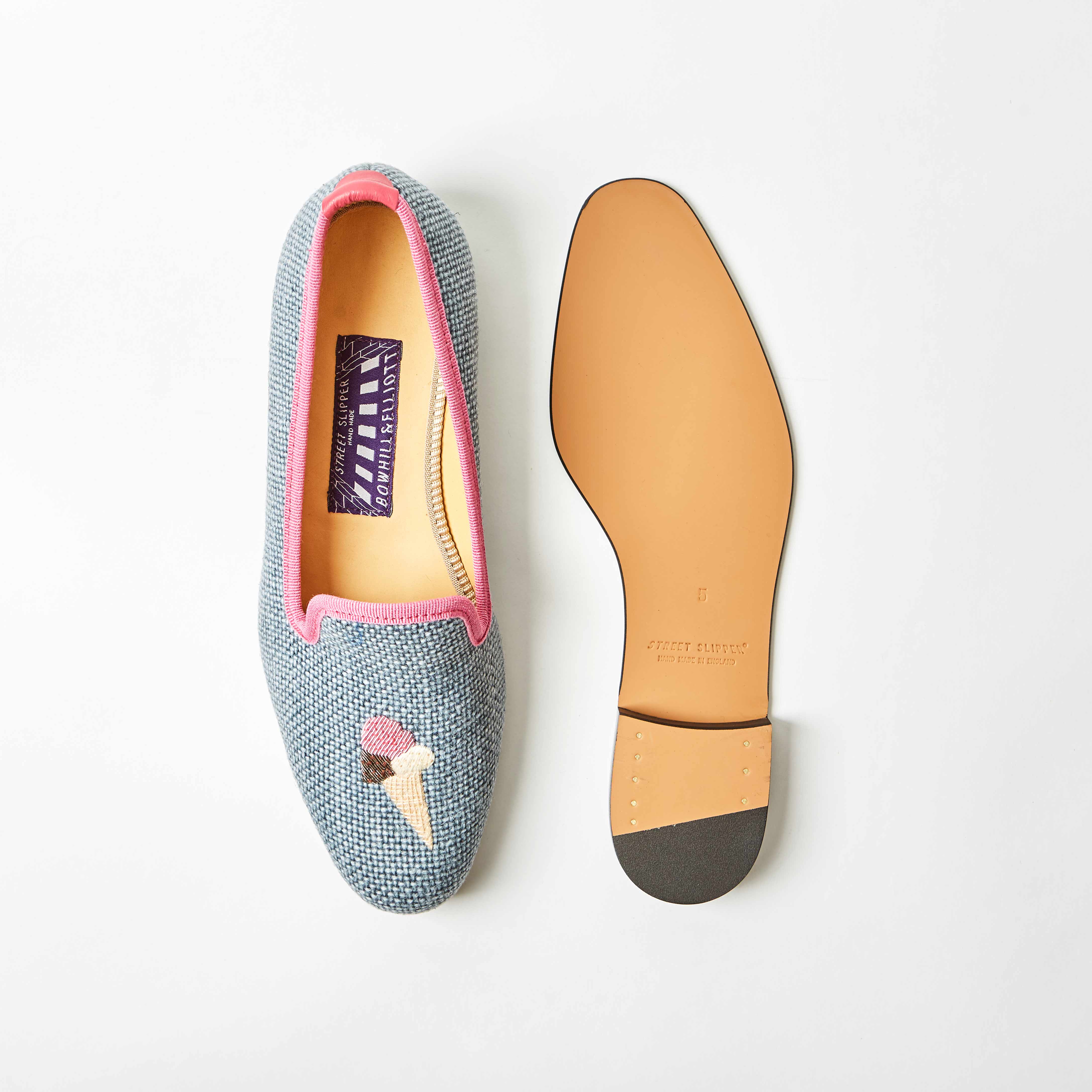 Denim Linen Albert Slippers with Embroidered Ice Cream