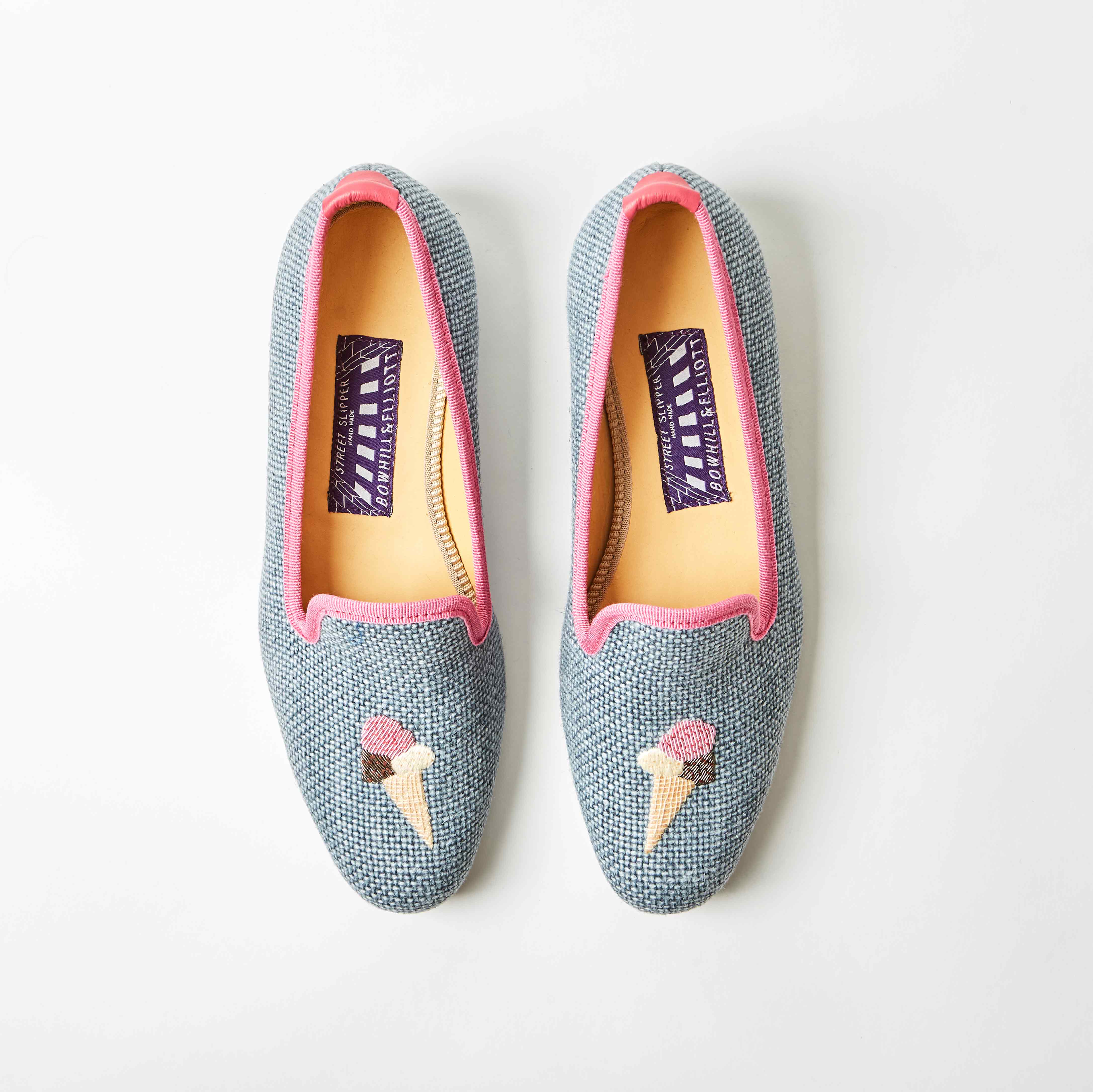 Denim Linen Albert Slippers with Embroidered Ice Cream