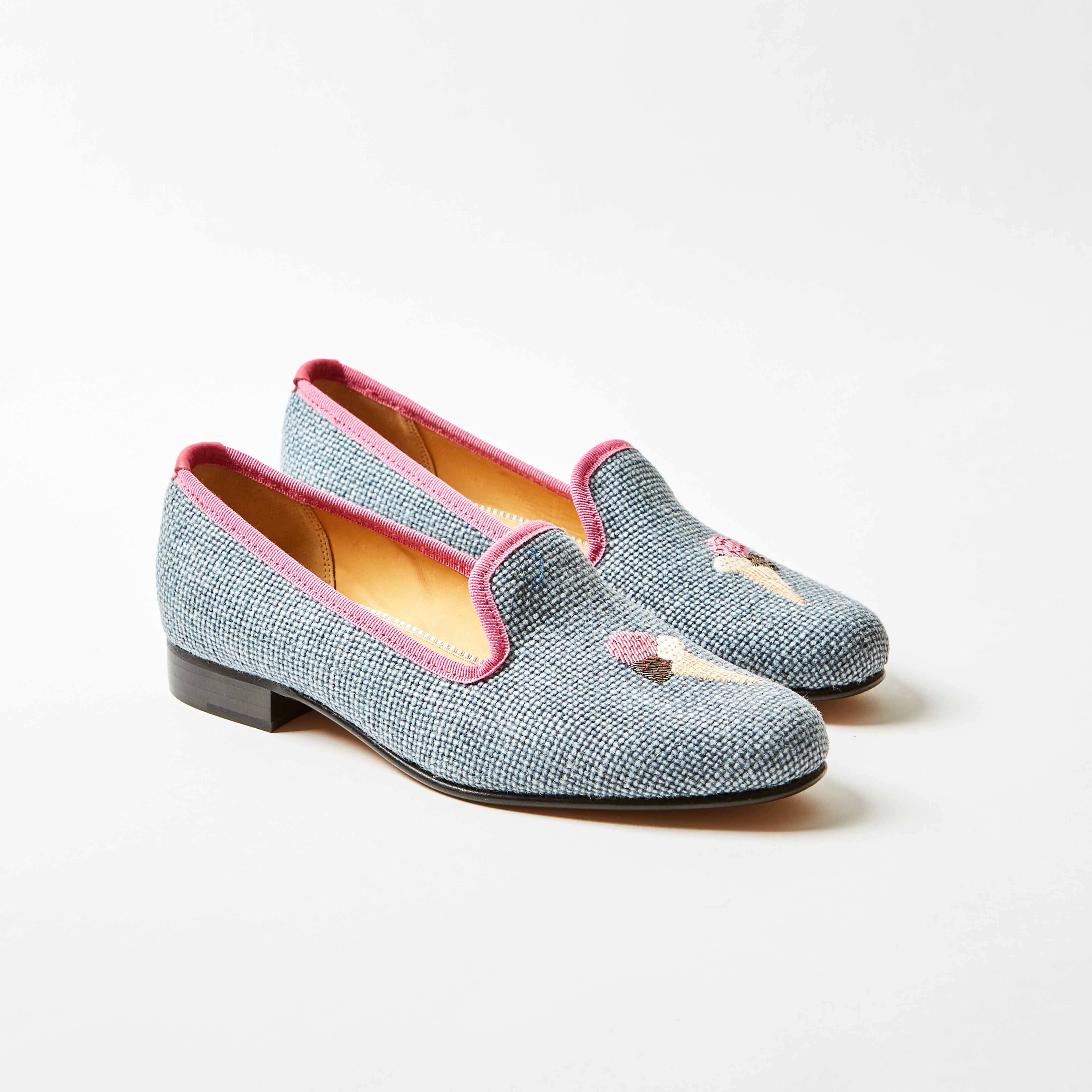 Denim Linen Albert Slippers with Embroidered Ice Cream