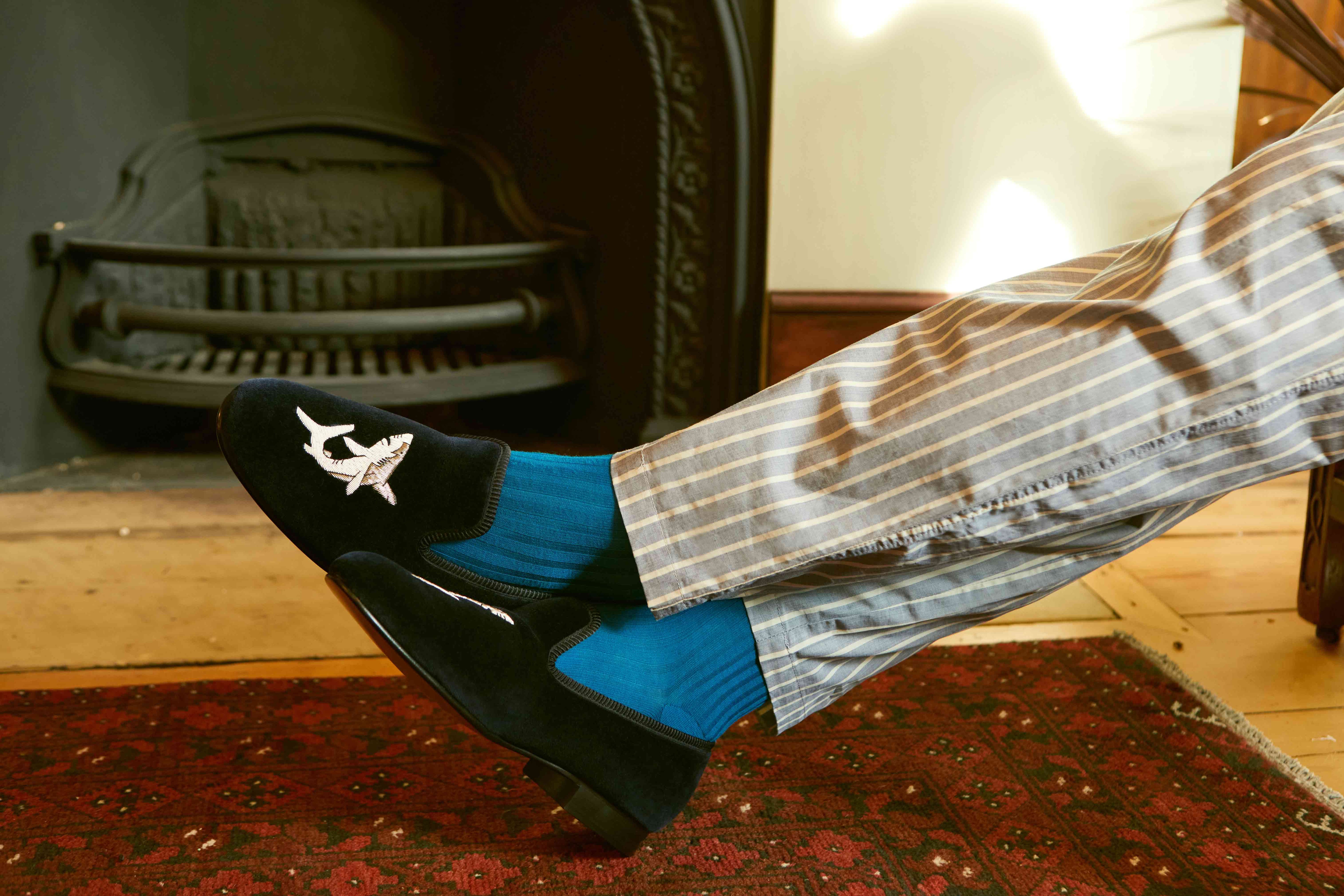 Navy Velvet Albert Slippers with Embroidered Shark