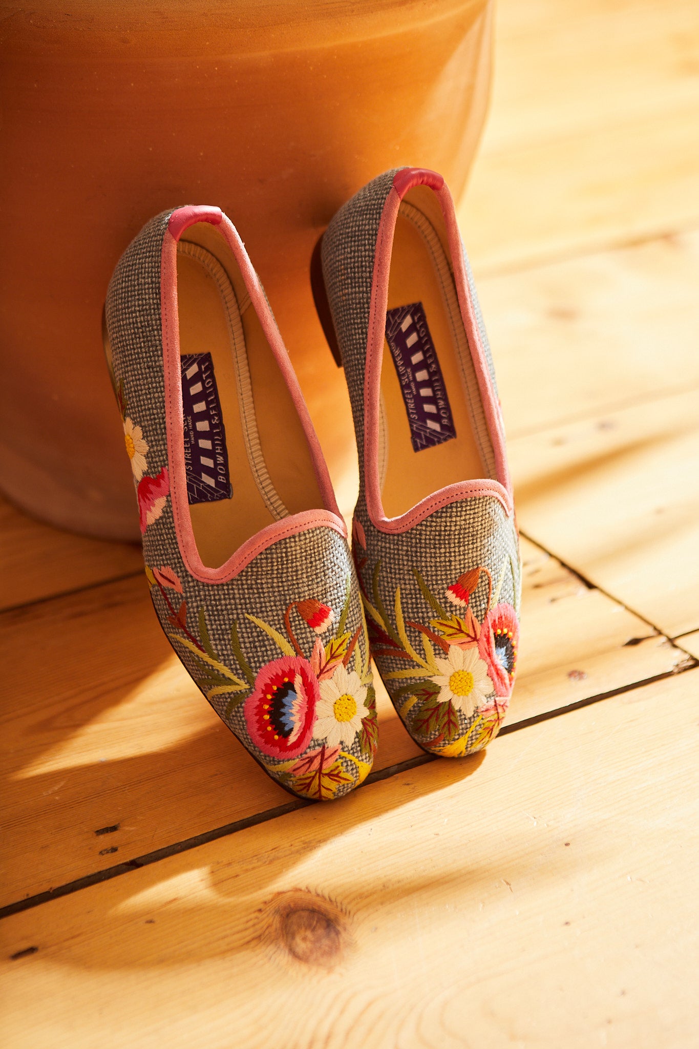 Denim Linen Venetian Slippers with Embroidered Poppies