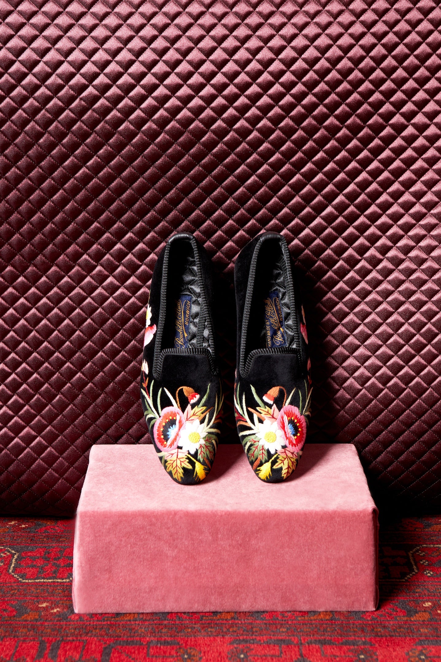 Black Velvet Albert Slippers with Embroidered Poppies