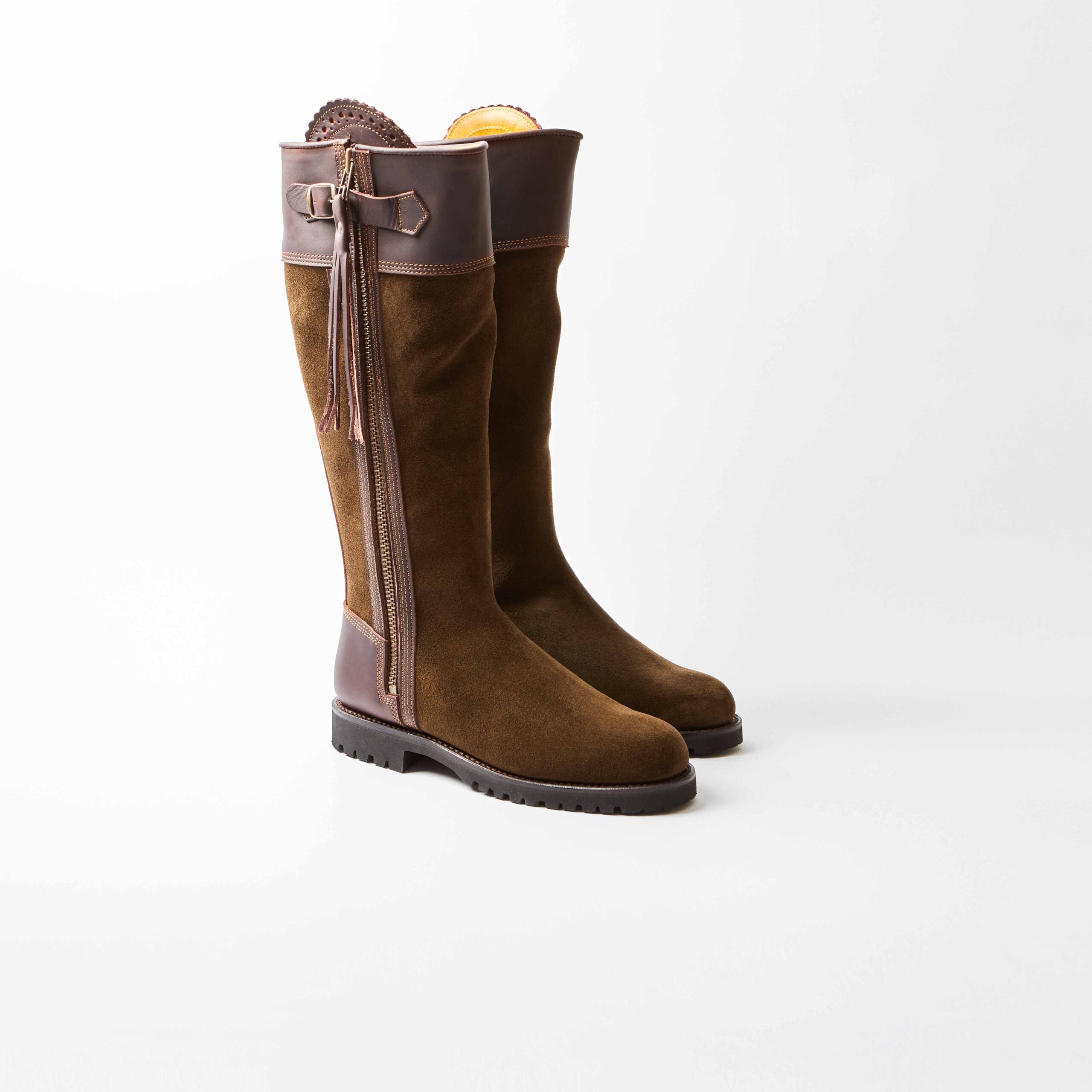 Inclement Long Tassel Boot in Green Suede & Brown Leather