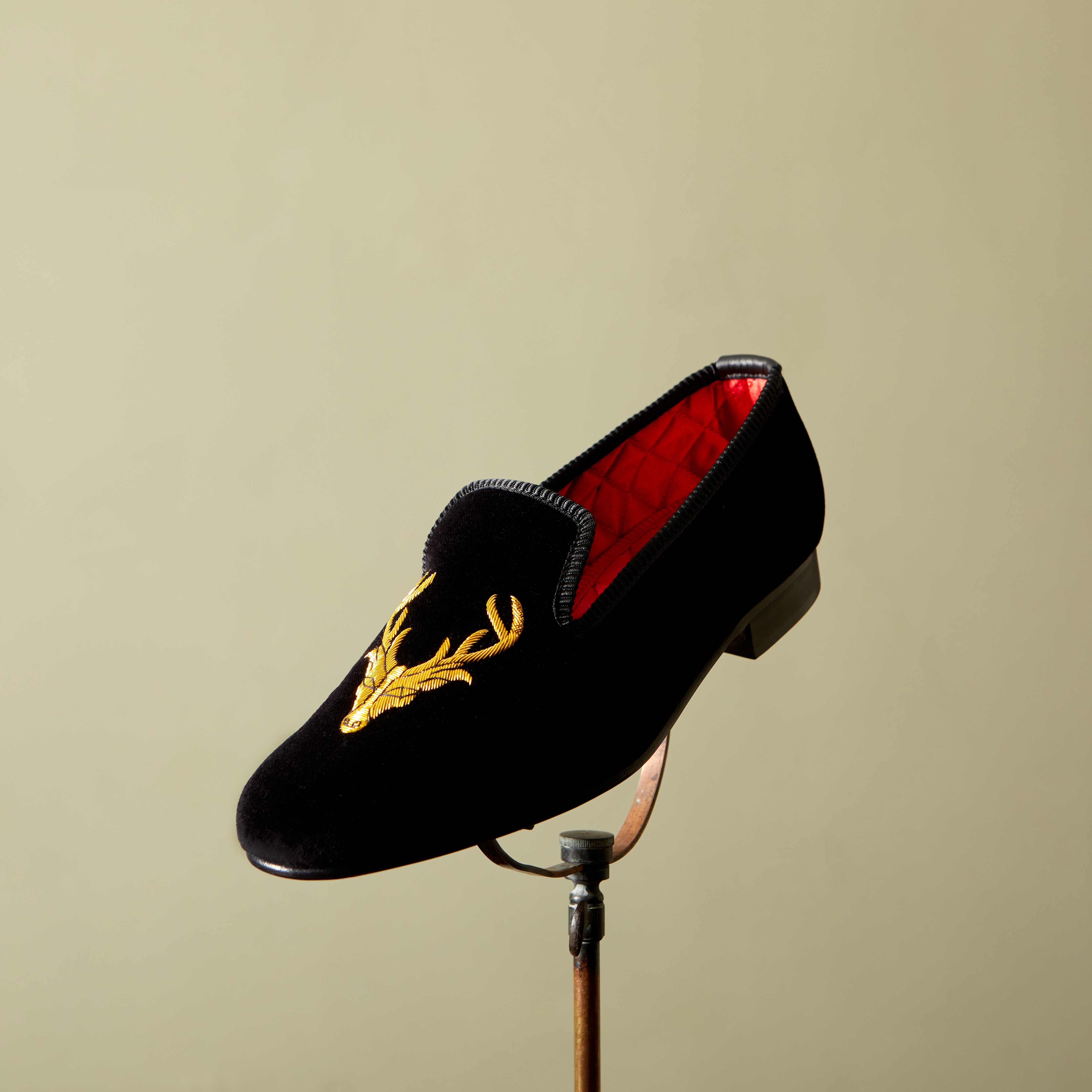 Black Velvet Albert Slippers with Embroidered Stag's Head