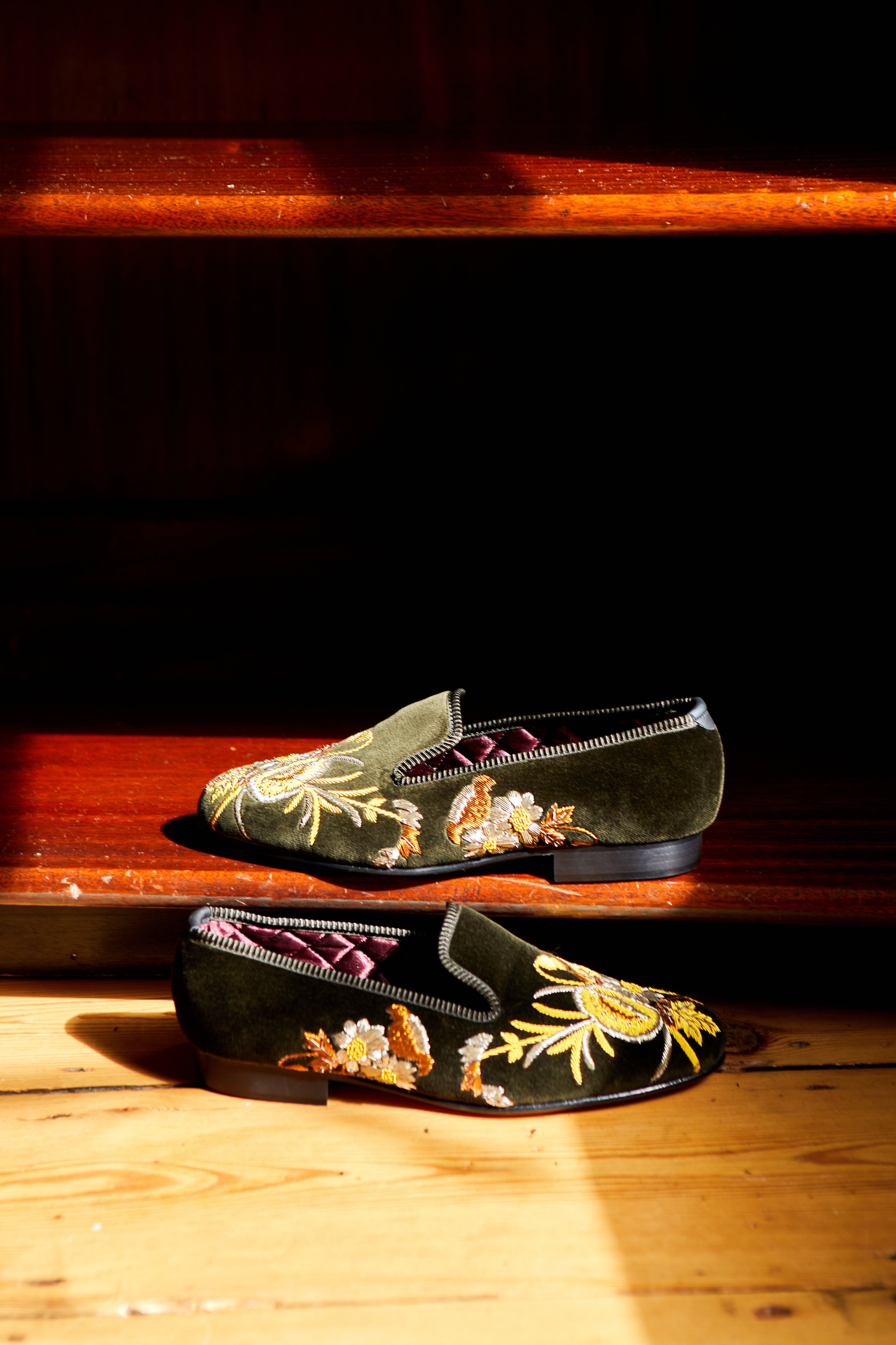 Olive Velvet Albert Slippers with Embroidered Anniversary Poppies