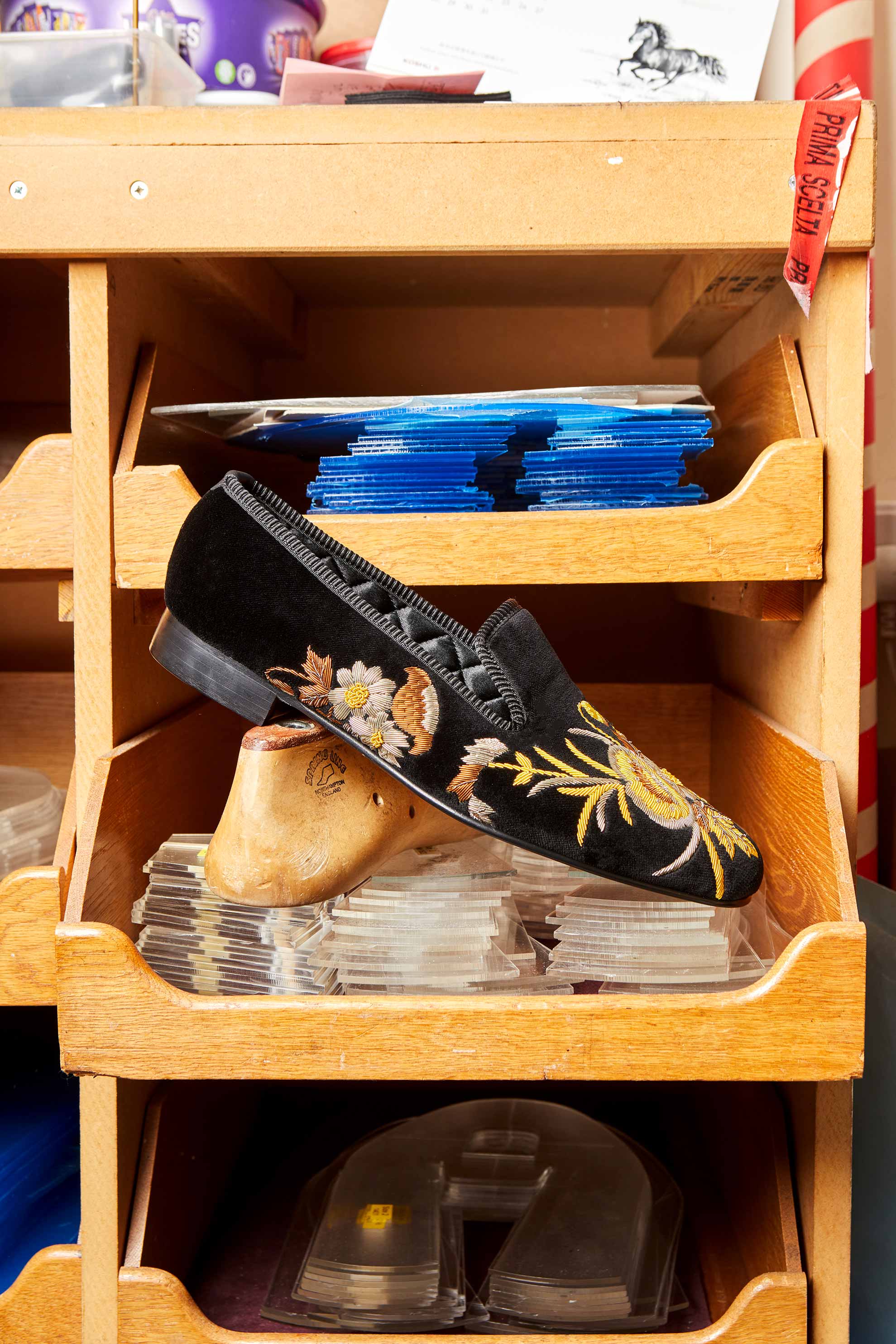 Black Velvet Albert Slippers with Embroidered Anniversary Poppies