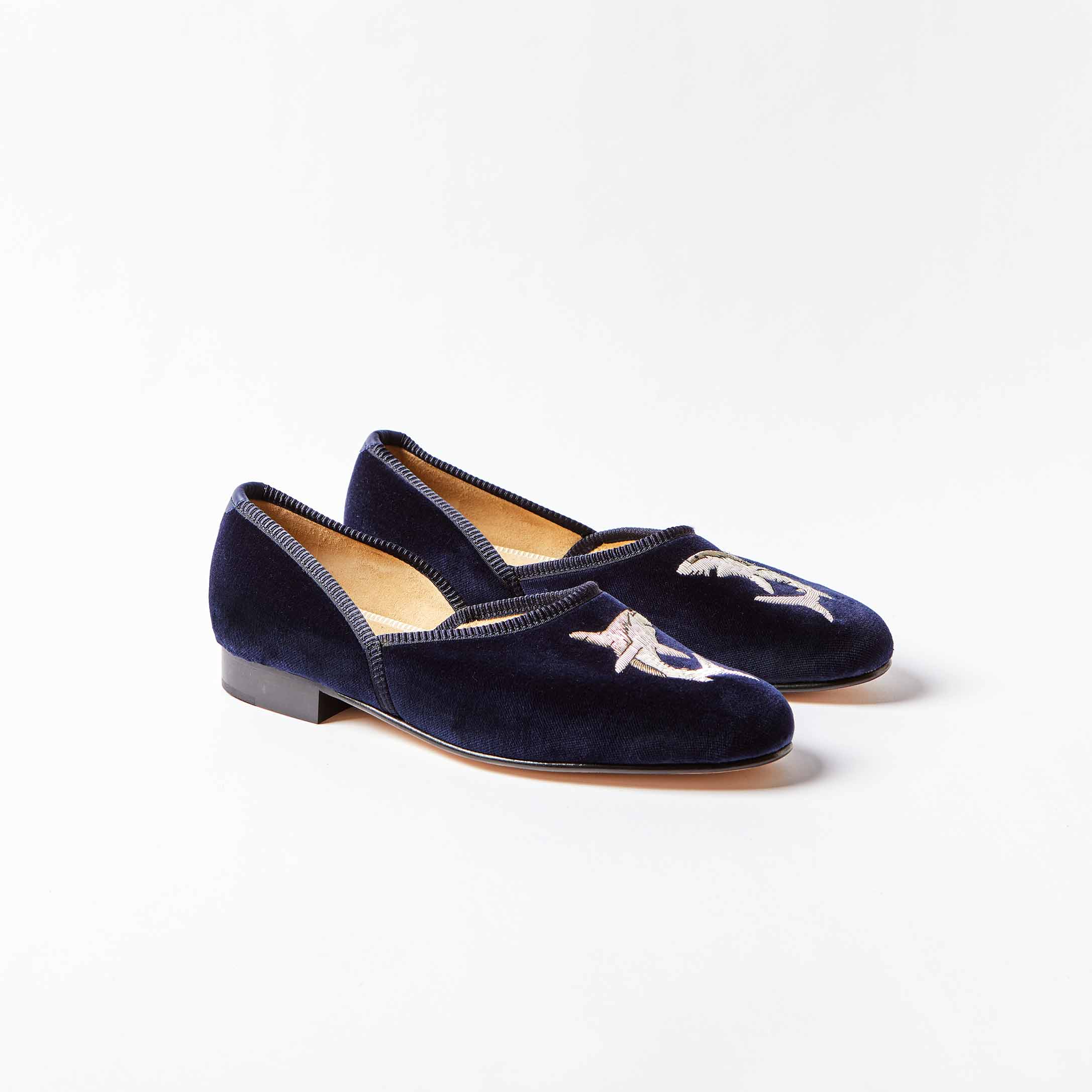 The Grecian in Navy Velvet with Embroidered Shark