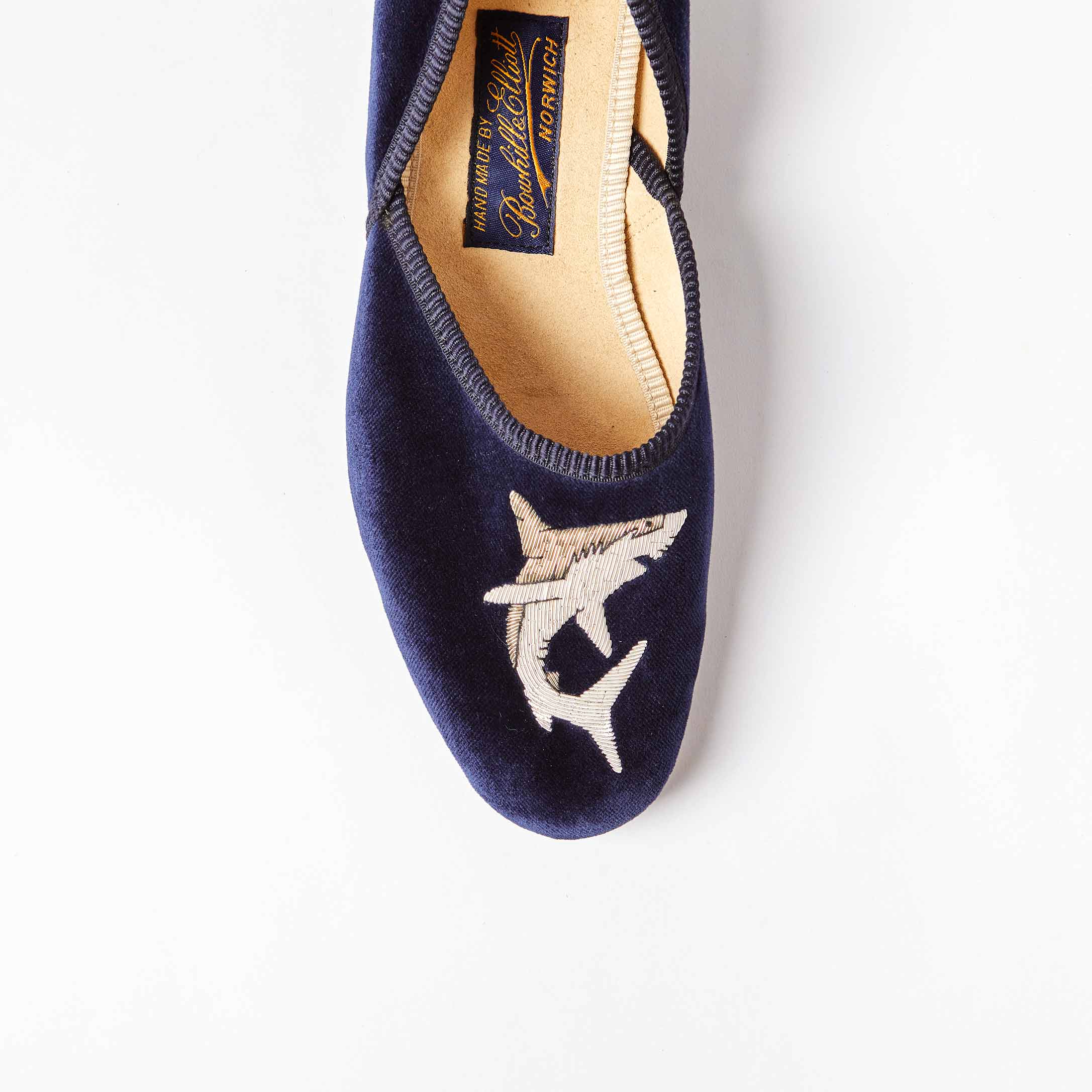 The Grecian in Navy Velvet with Embroidered Shark