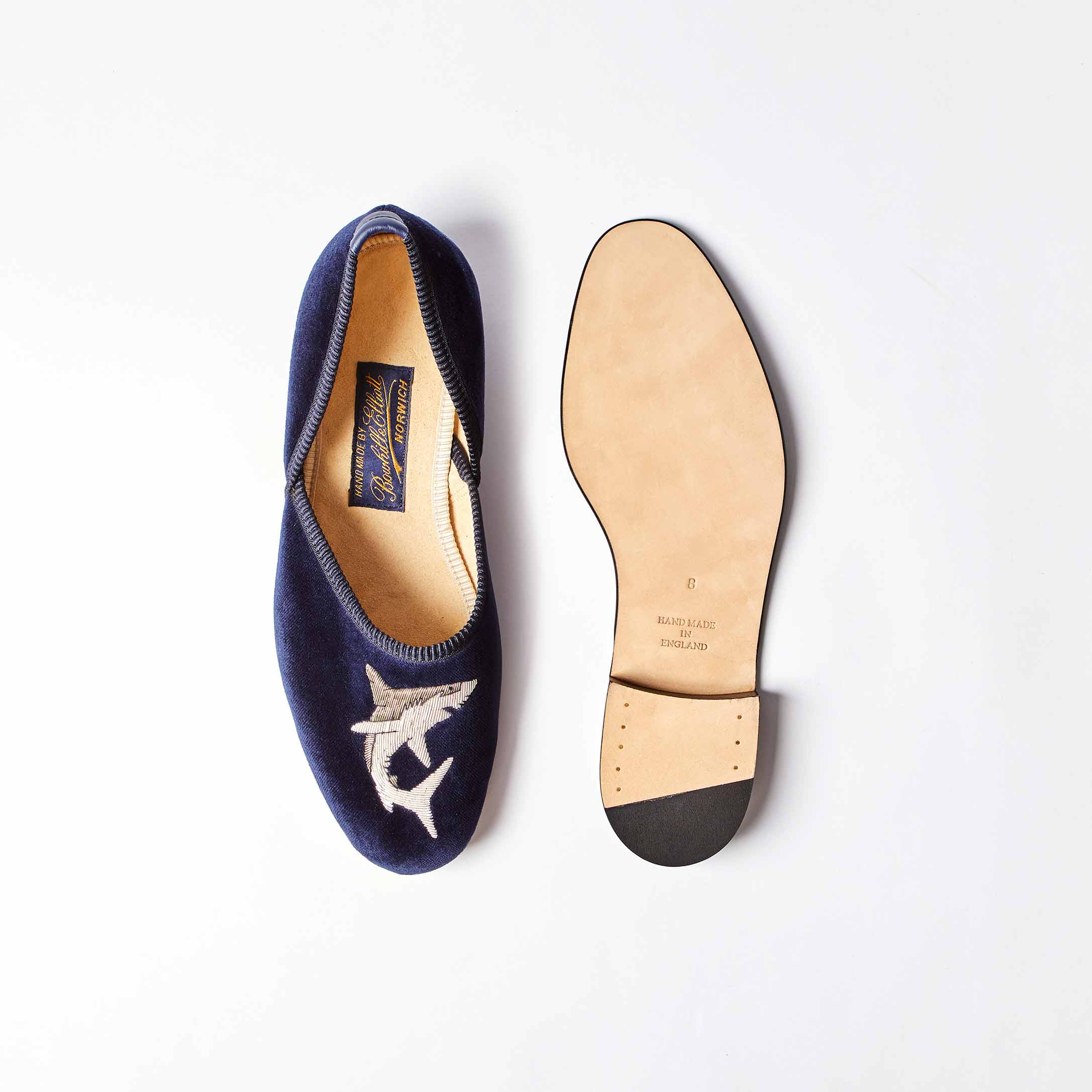 The Grecian in Navy Velvet with Embroidered Shark