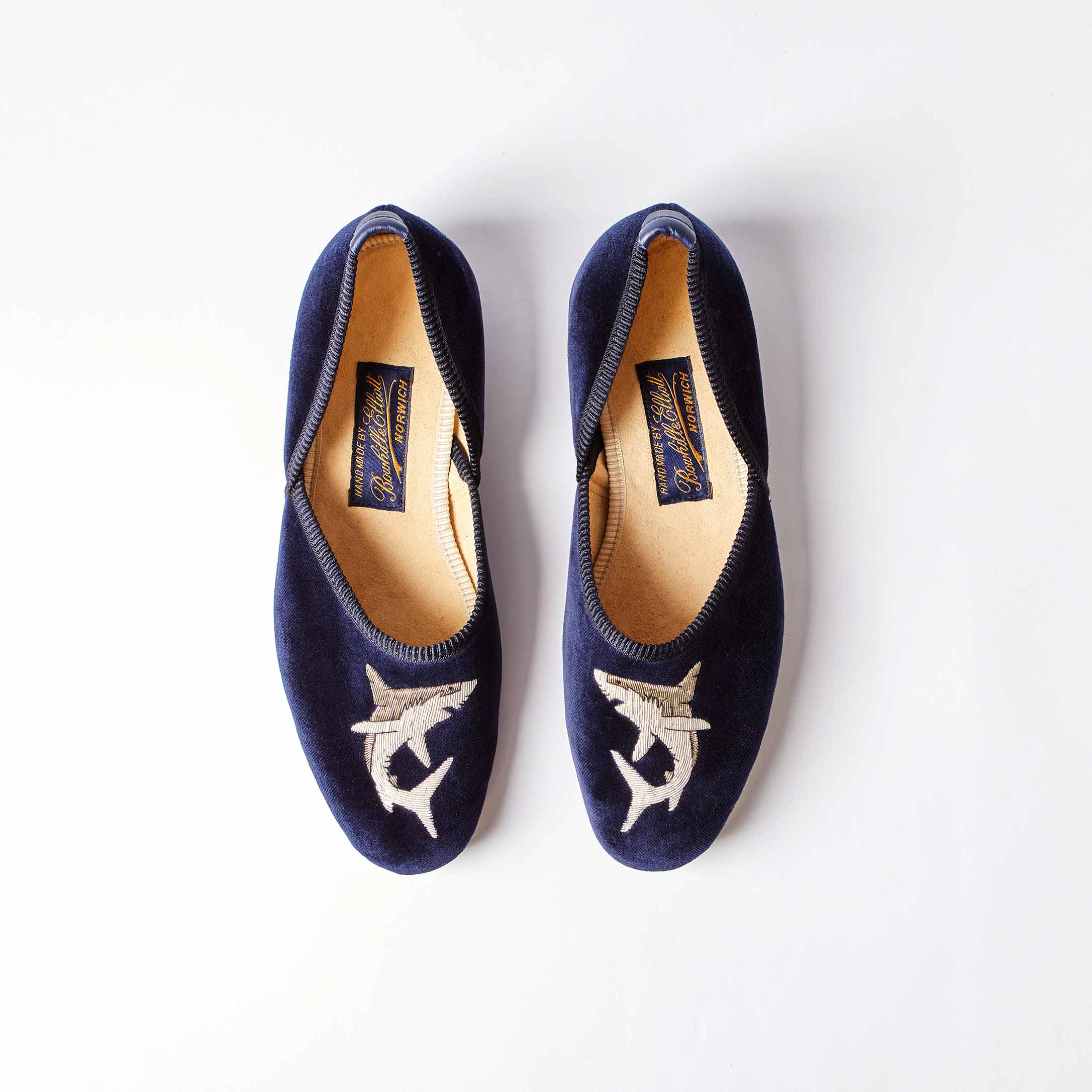 The Grecian in Navy Velvet with Embroidered Shark