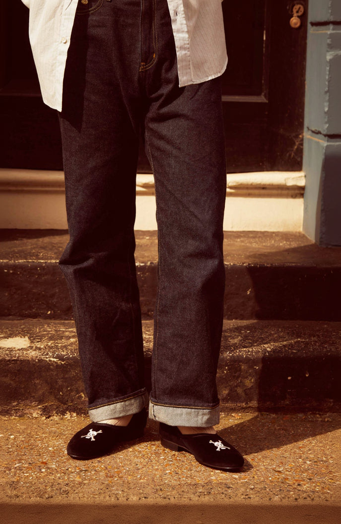 The Grecian in Black Velvet with Embroidered Skull & Crossbones