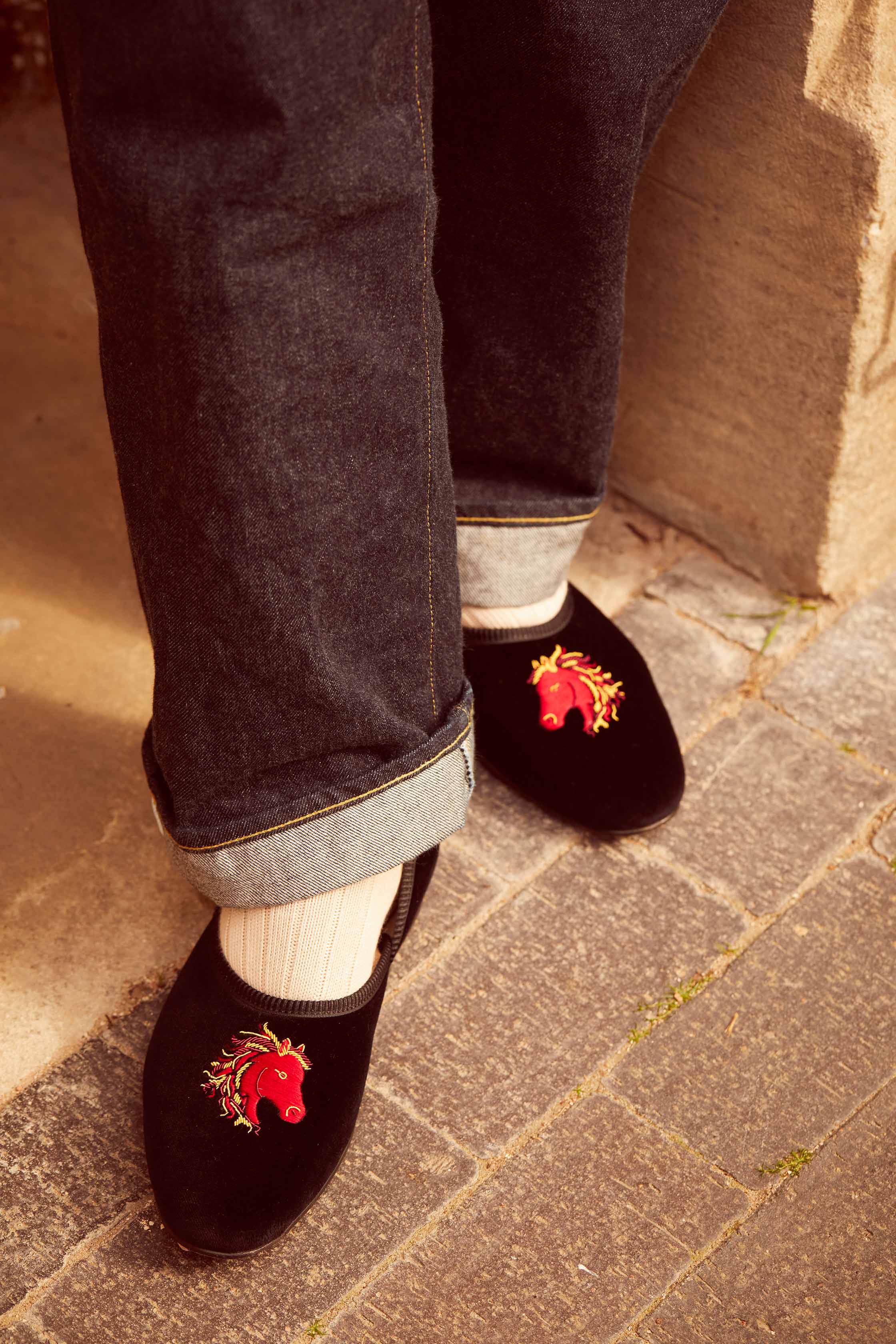 The Grecian in Black Velvet with Embroidered Fire Horse