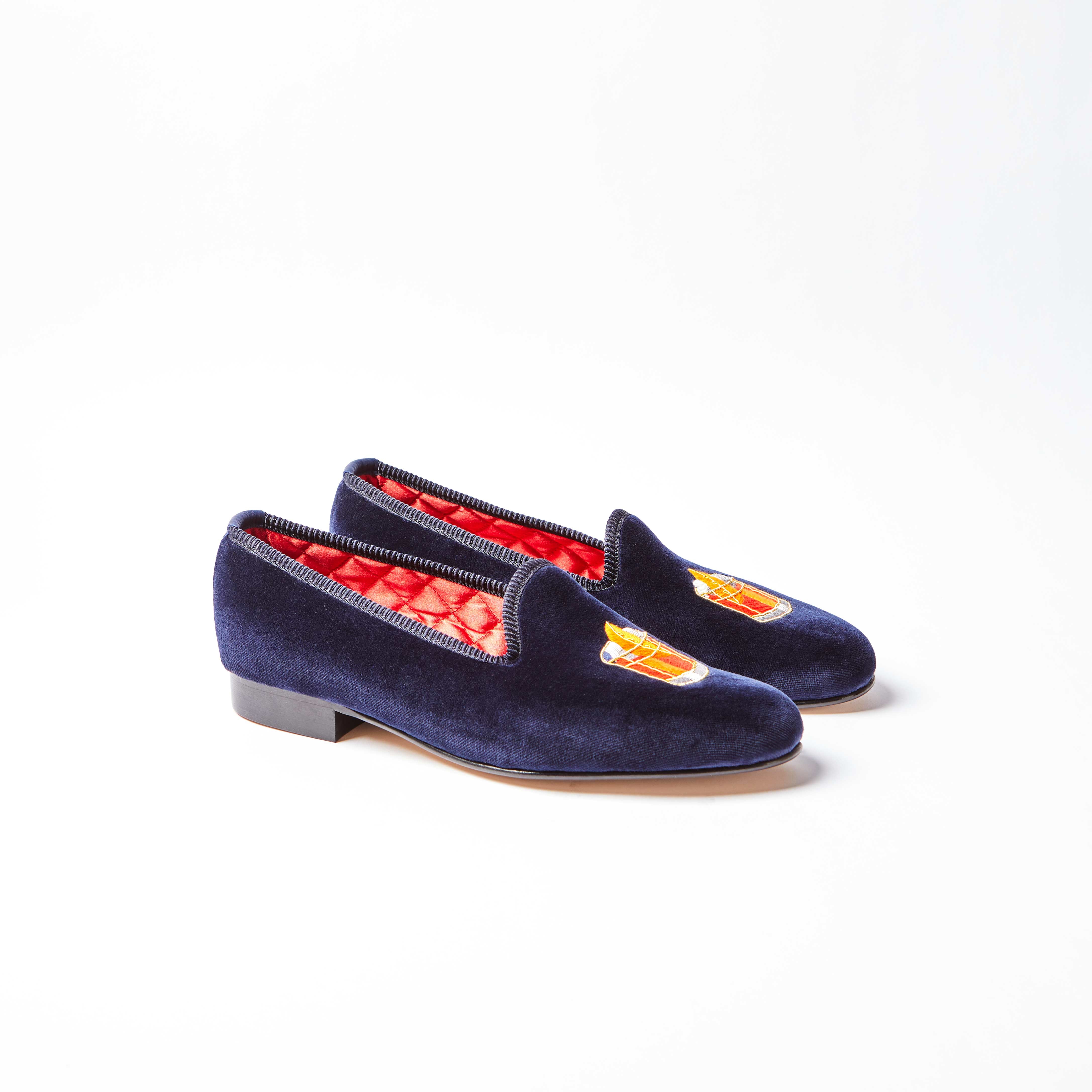 Navy Velvet Venetian Slippers with Embroidered Negroni