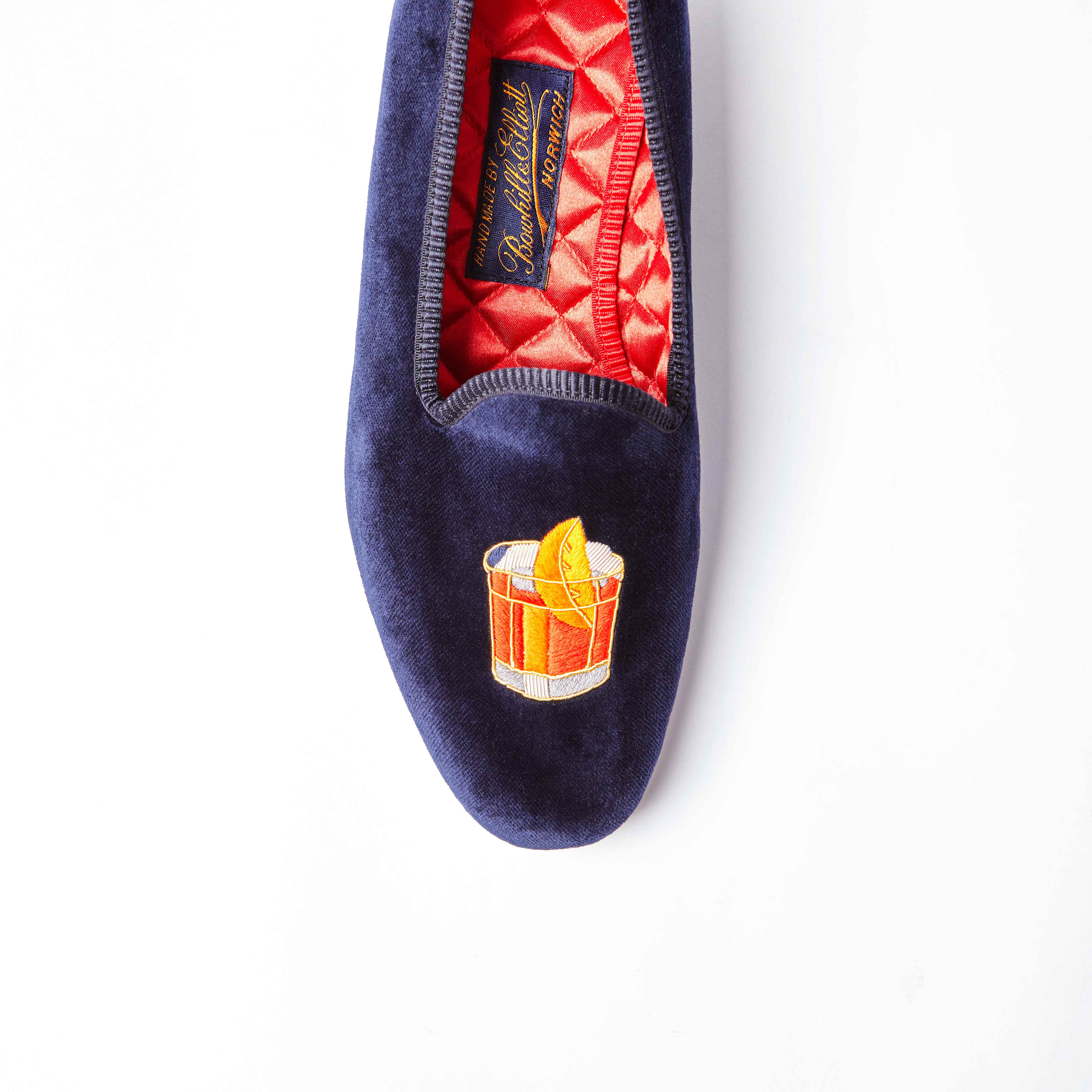 Navy Velvet Venetian Slippers with Embroidered Negroni
