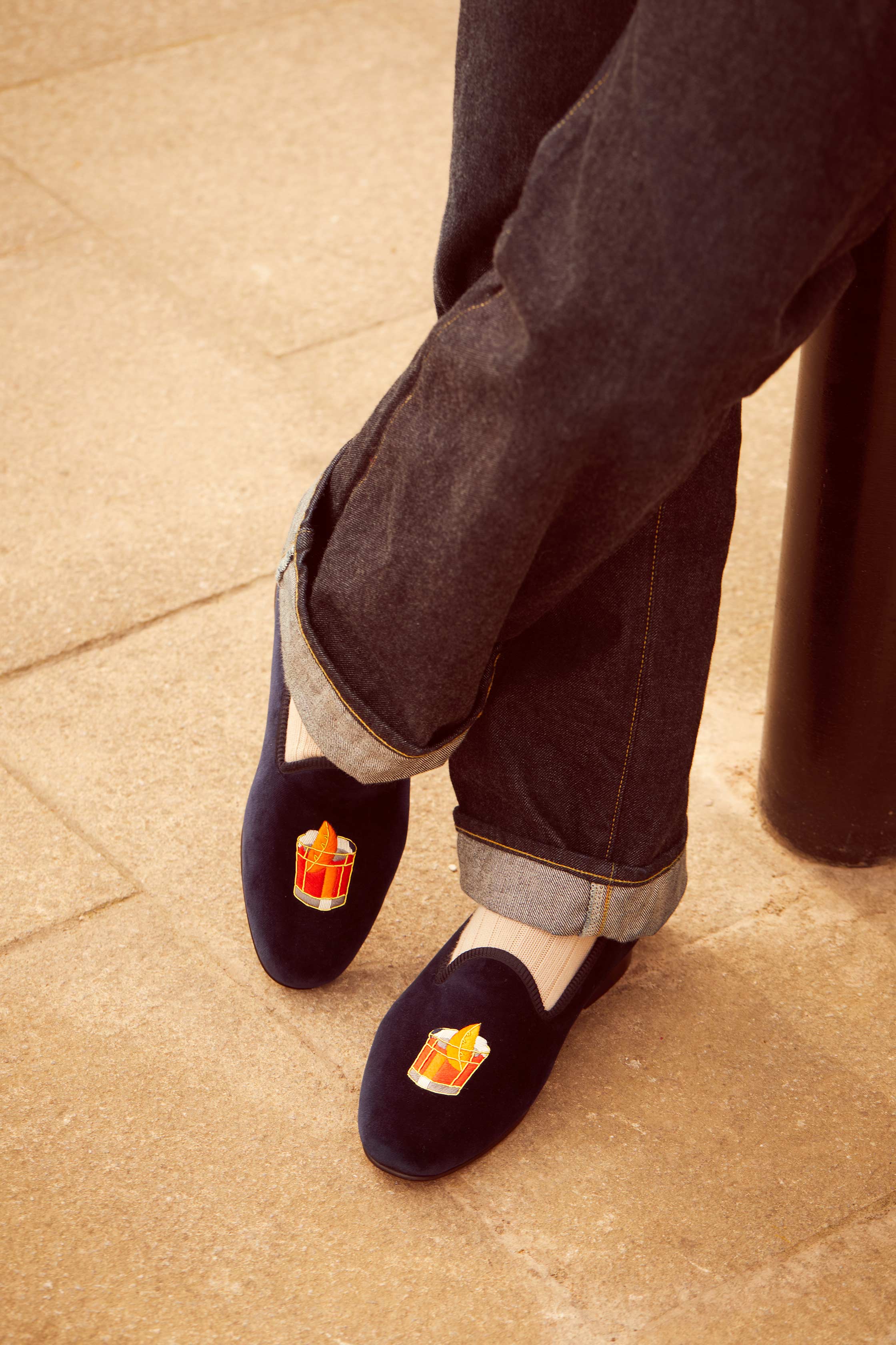 Navy Velvet Venetian Slippers with Embroidered Negroni