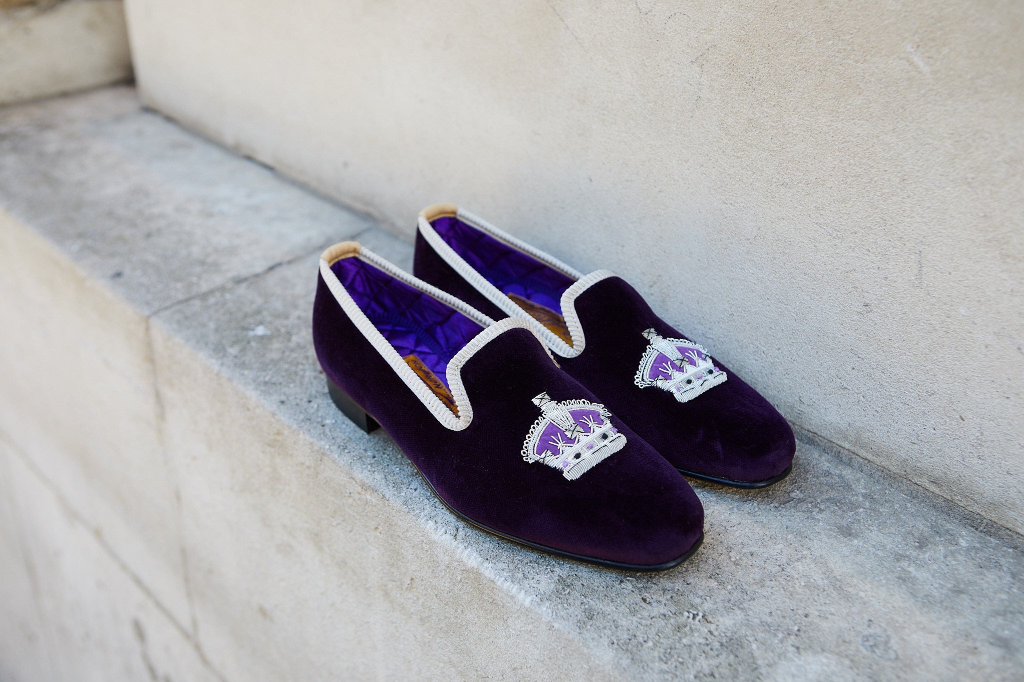 Purple Velvet Albert Slippers with Embroidered Crown