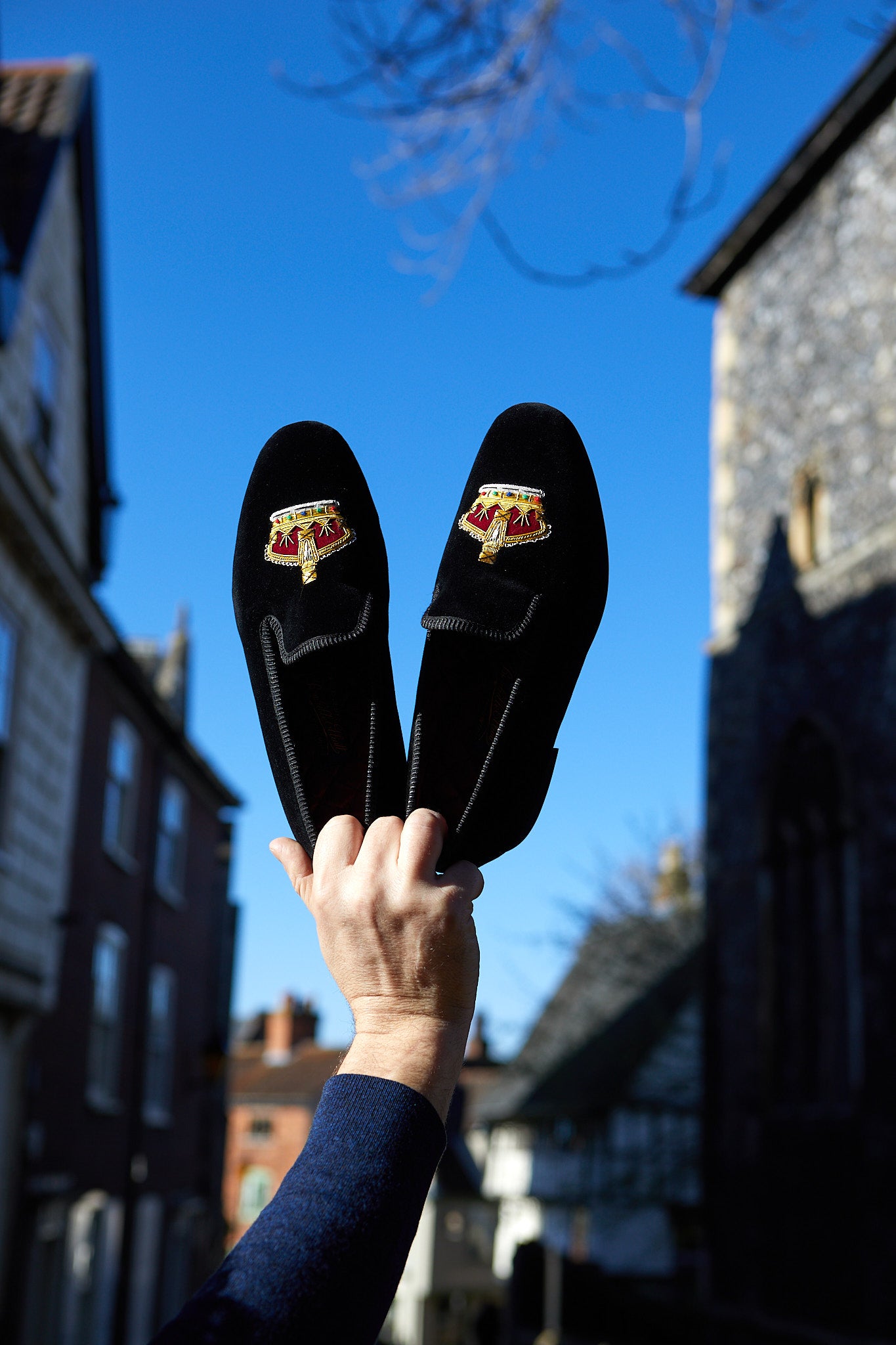 Black Velvet Albert Slippers with Embroidered Gold Crown