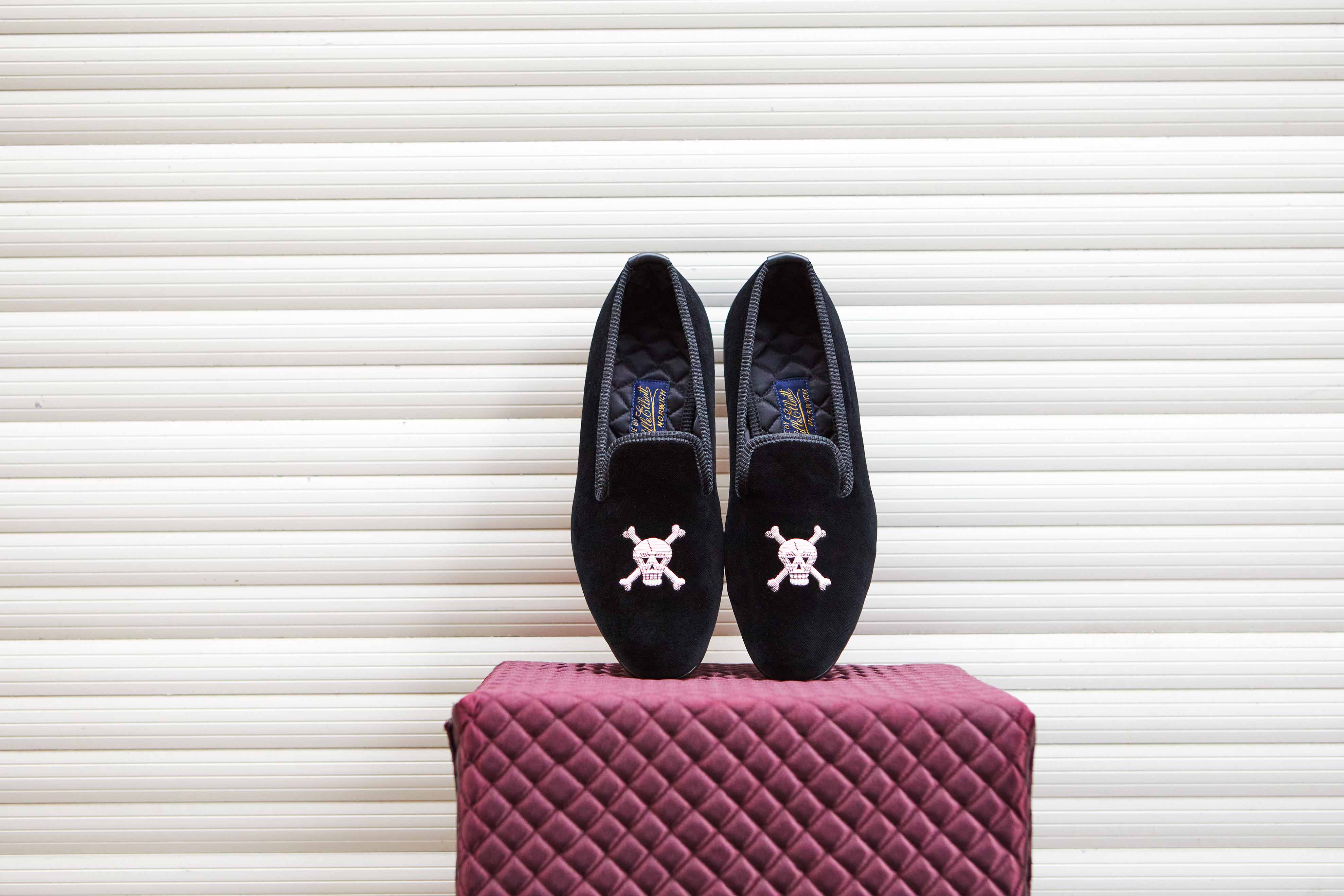 Black Velvet Albert Slippers with Embroidered Skull and Crossbones