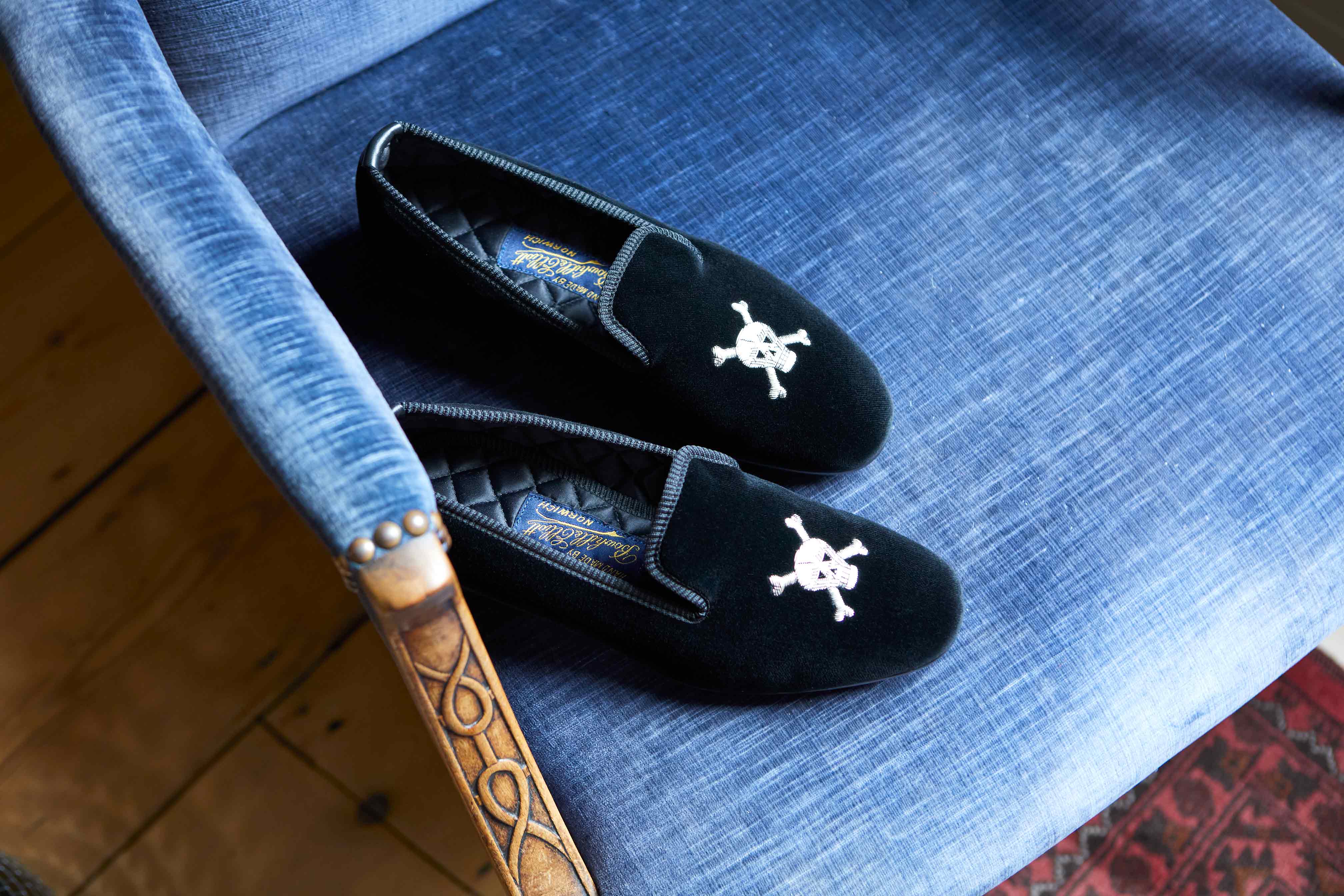 Black Velvet Albert Slippers with Embroidered Skull and Crossbones