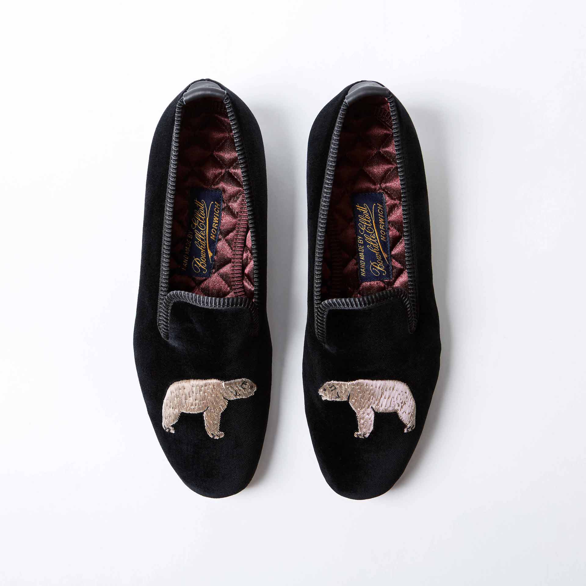 Black Velvet Albert Slippers with Bear