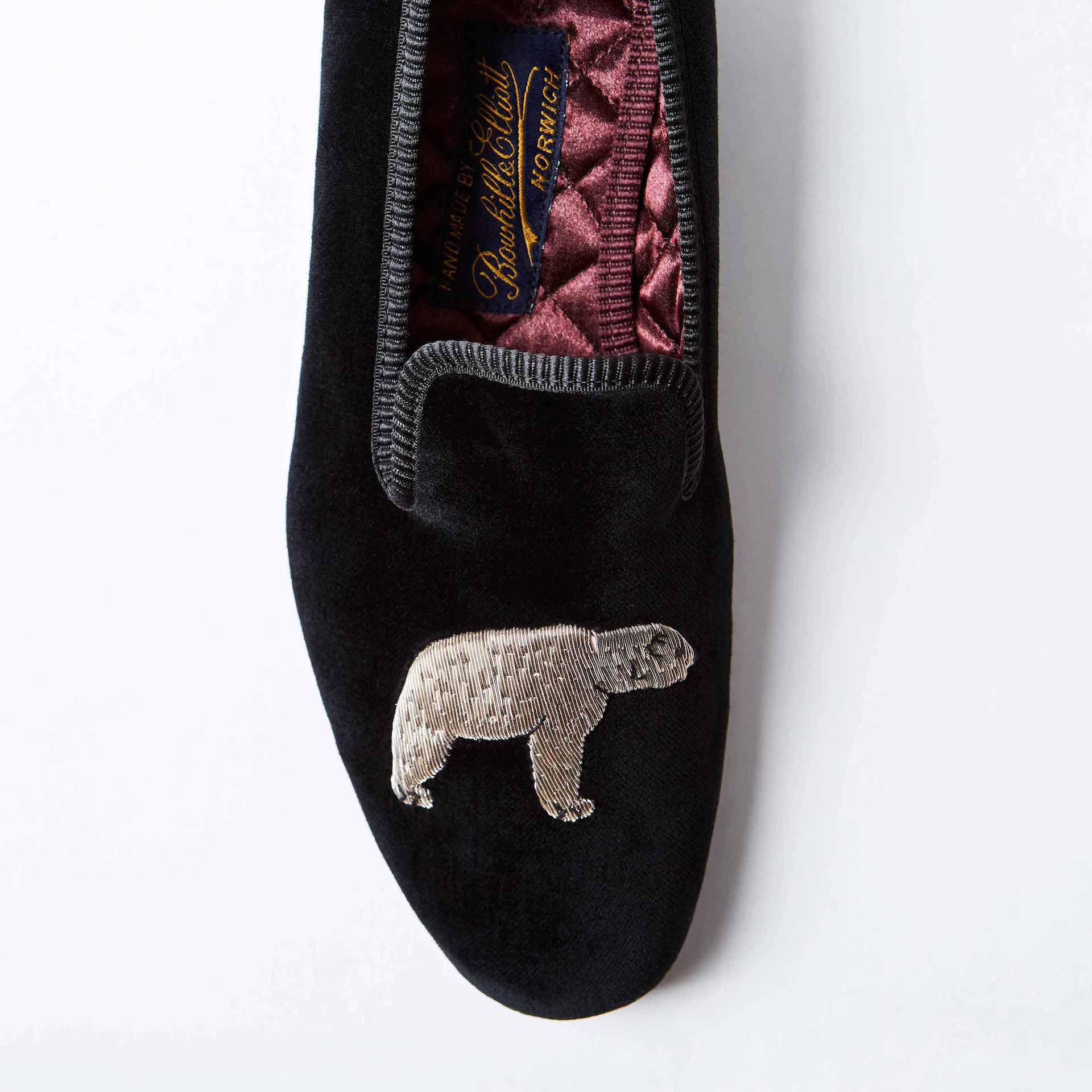 Black Velvet Albert Slippers with Bear