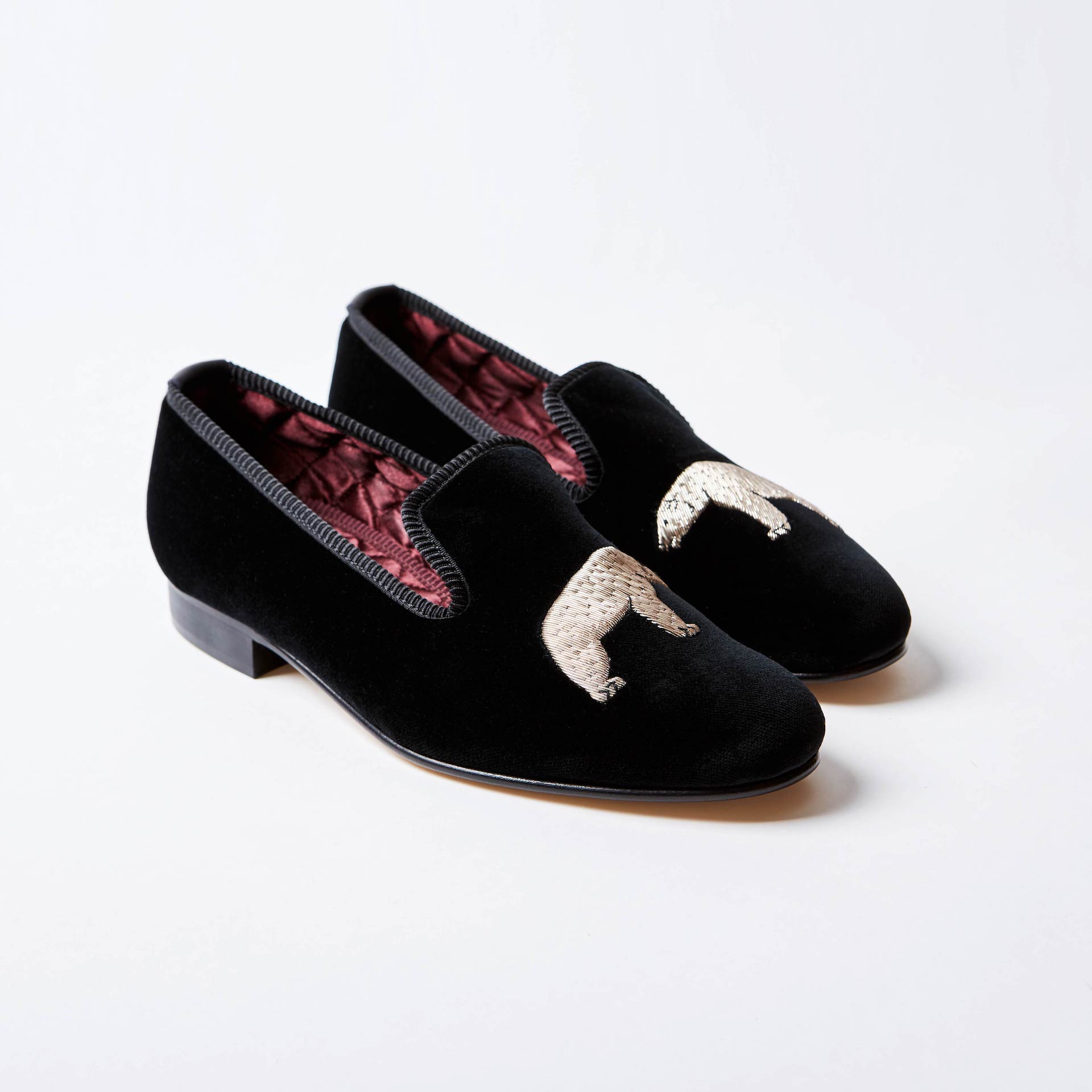 Black Velvet Albert Slippers with Bear