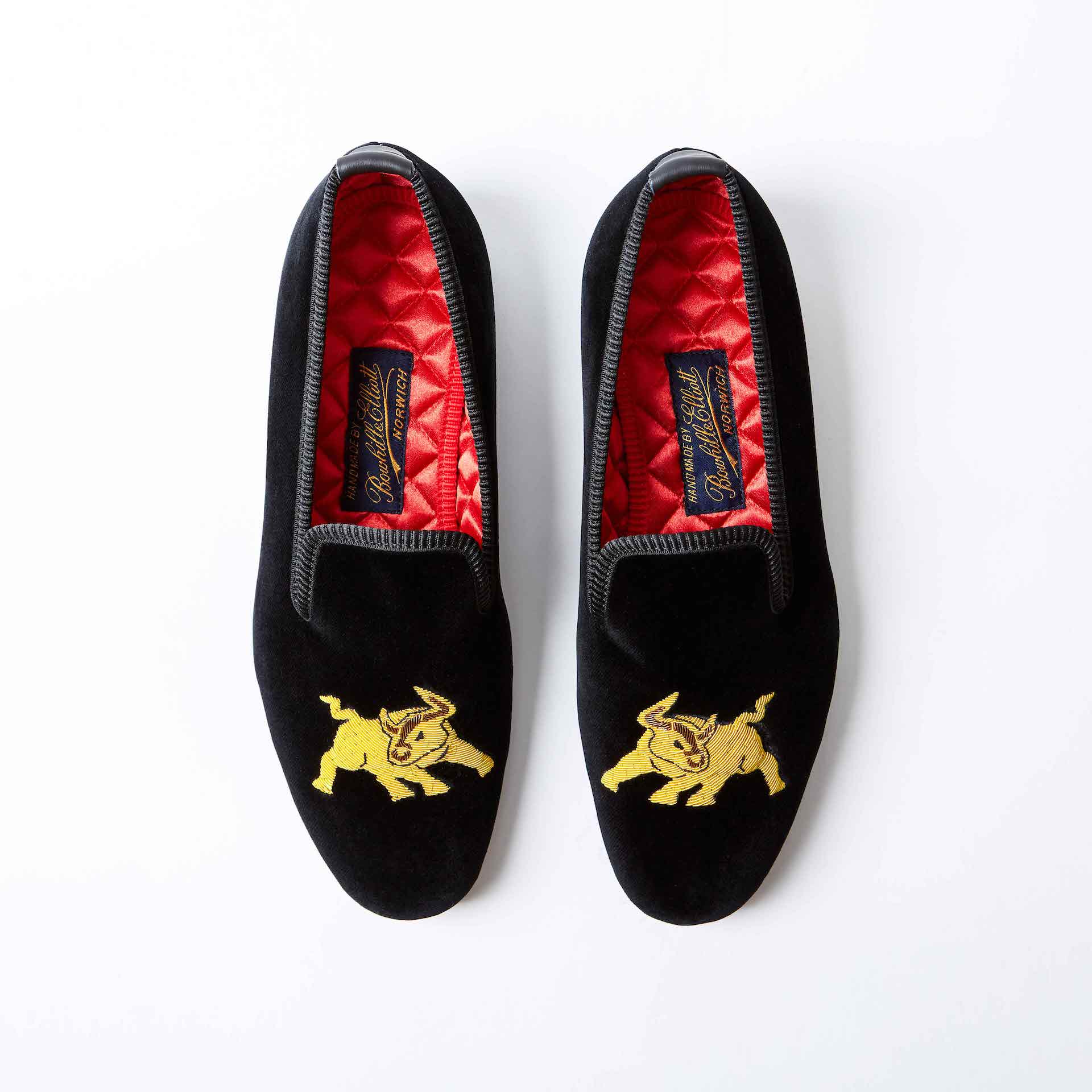 Black Velvet Albert Slippers with Raging Bull