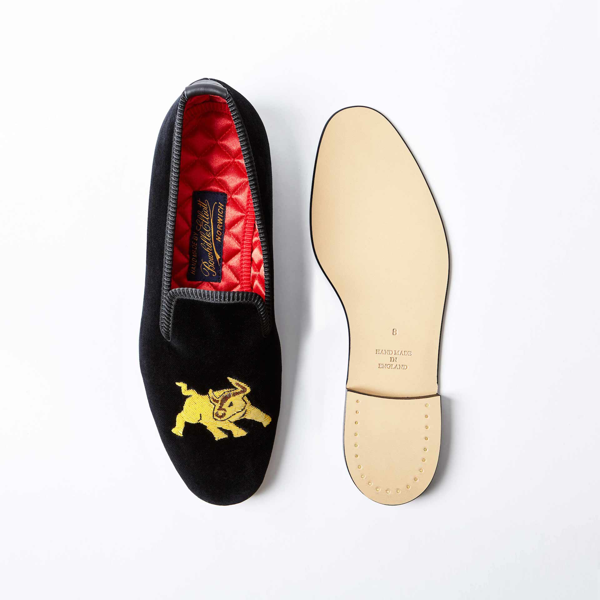 Black Velvet Albert Slippers with Raging Bull