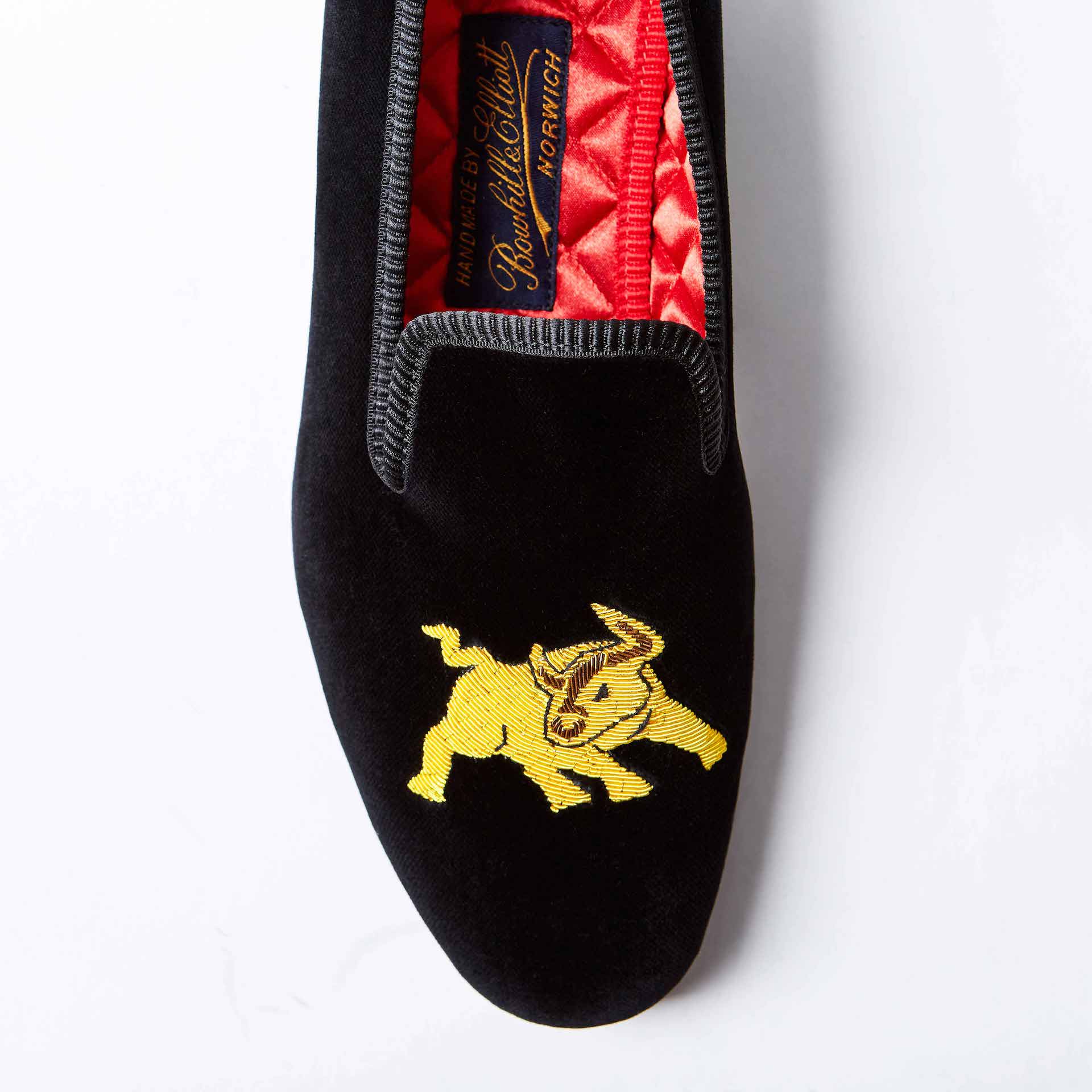 Black Velvet Albert Slippers with Raging Bull