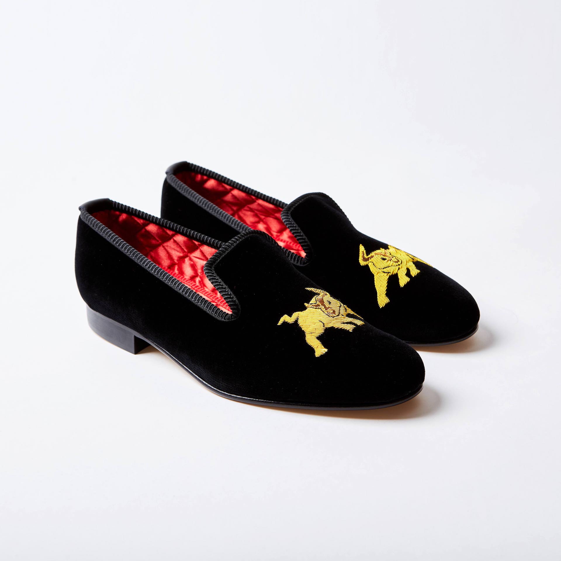 Black Velvet Albert Slippers with Raging Bull