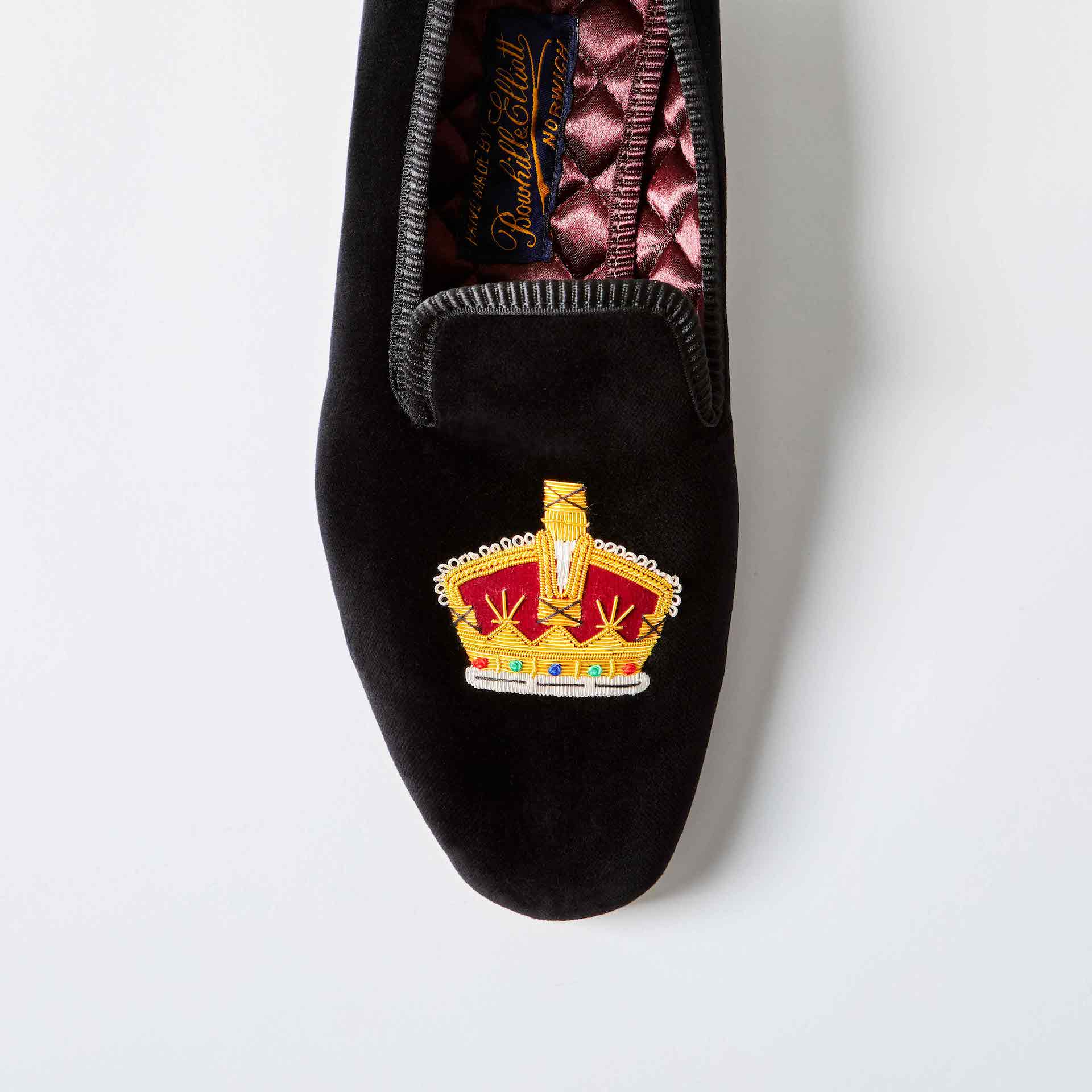 Black Velvet Albert Slippers with Embroidered Gold Crown