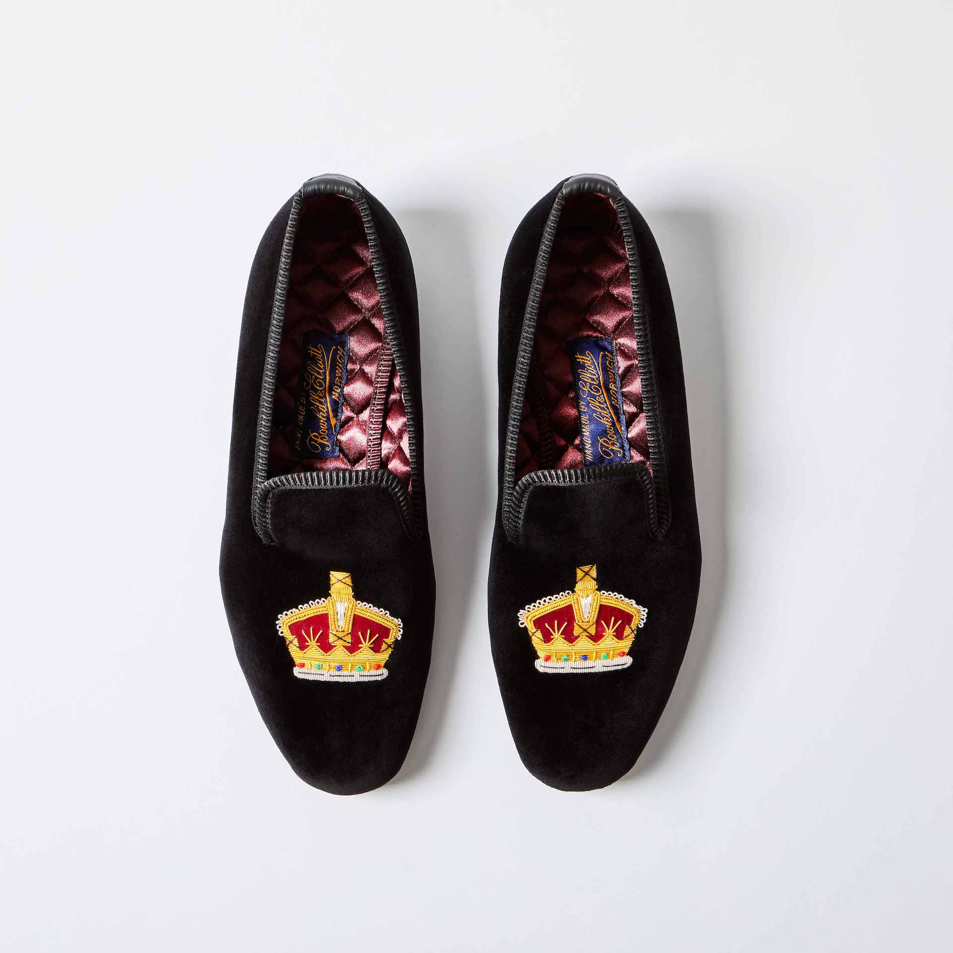 Black Velvet Albert Slippers with Embroidered Gold Crown