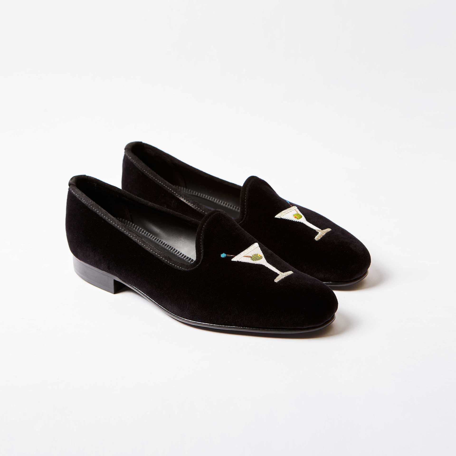 Black Velvet Venetian Slippers with Martini