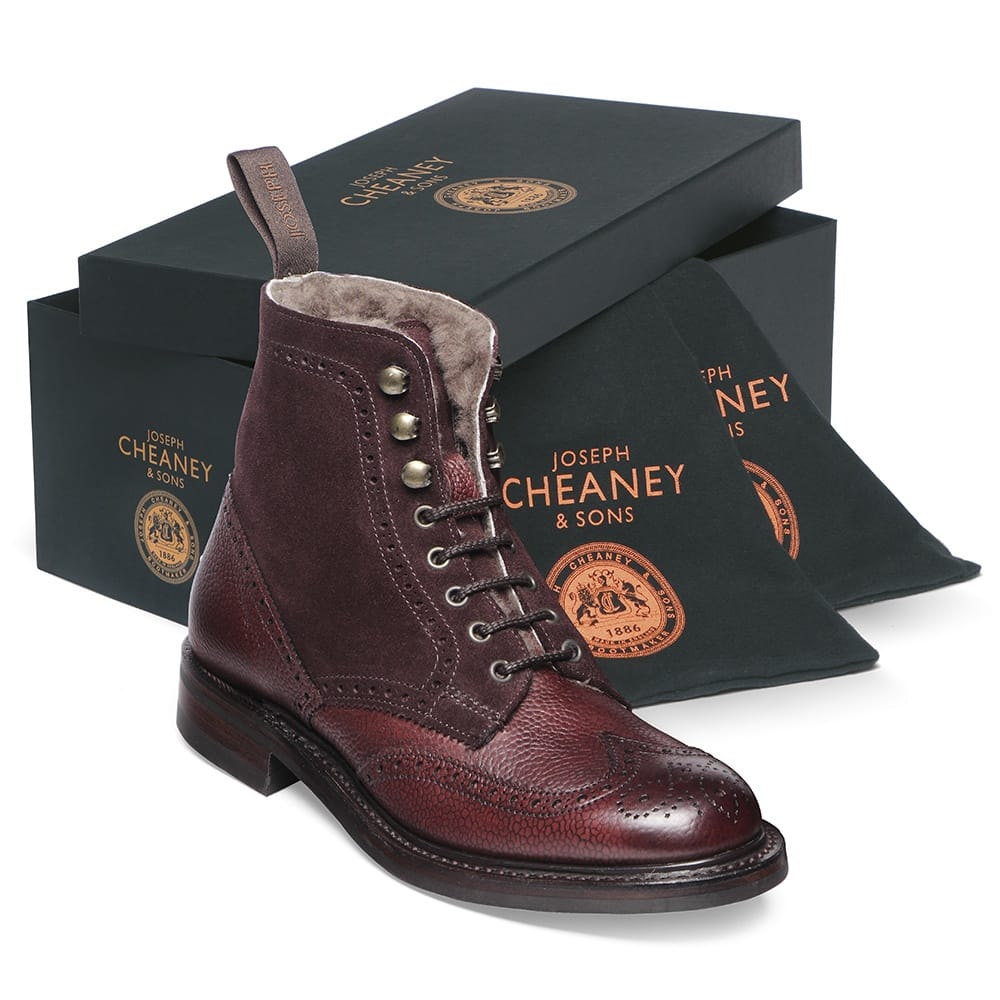 Amelia Fur Lined Brogue Boot in Burgundy Grain
