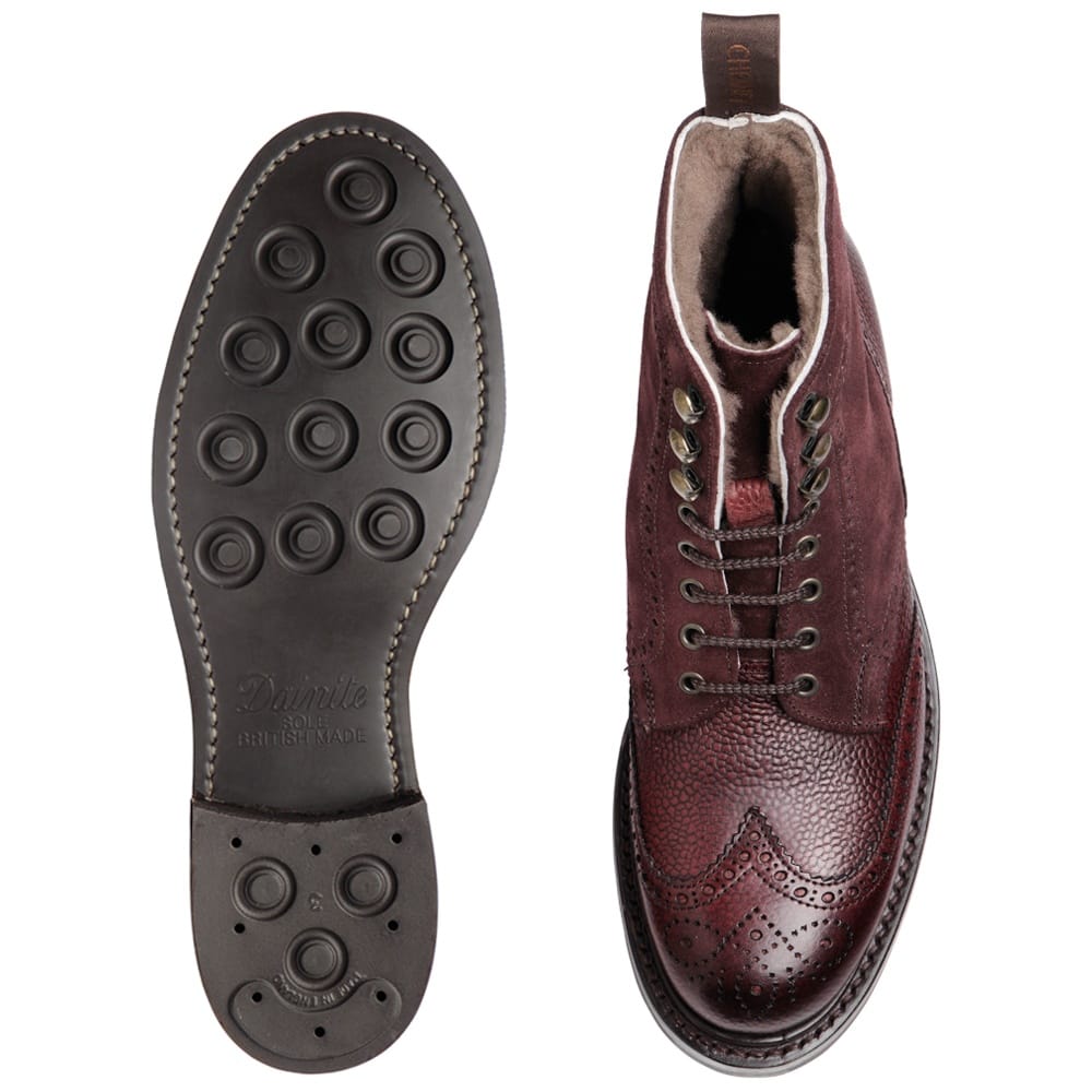 Amelia Fur Lined Brogue Boot in Burgundy Grain