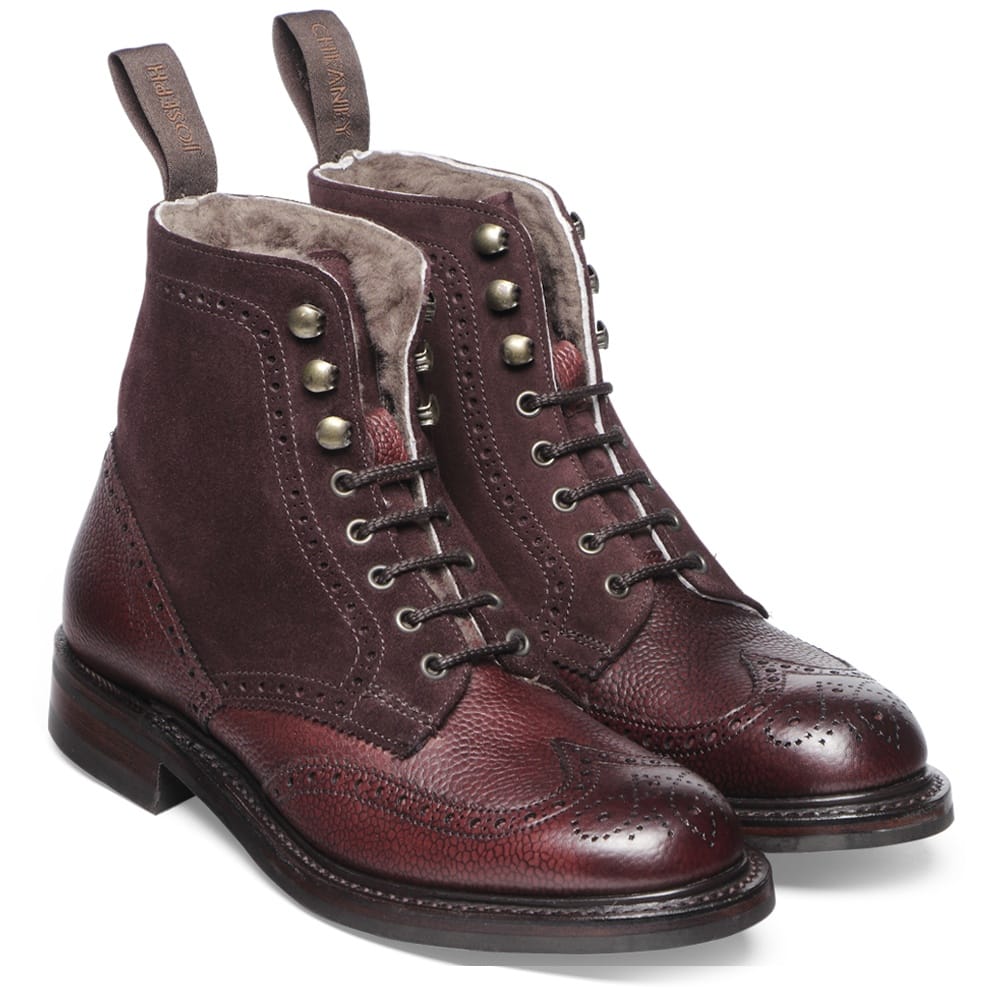 Amelia Fur Lined Brogue Boot in Burgundy Grain