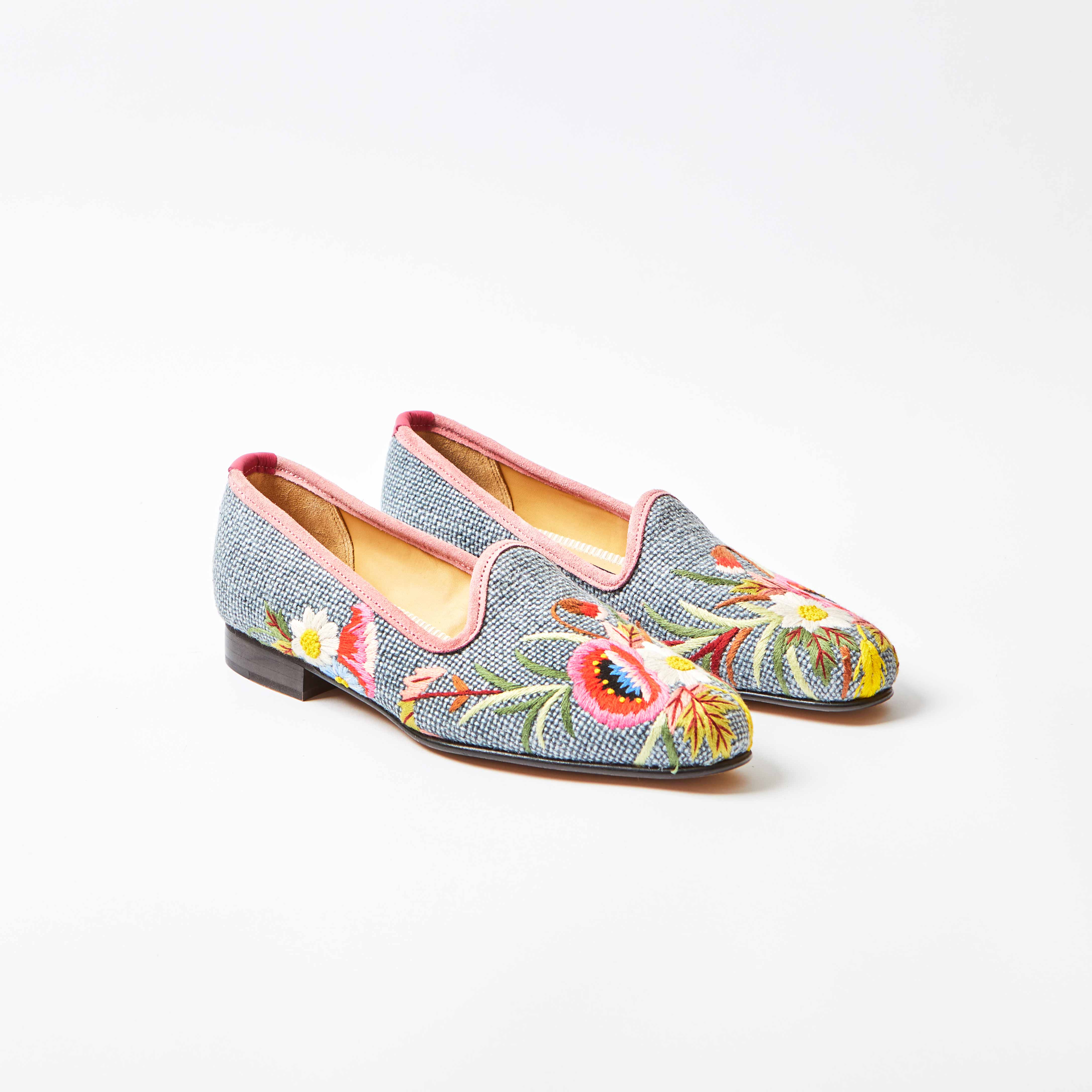 Denim Linen Venetian Slippers with Embroidered Poppies