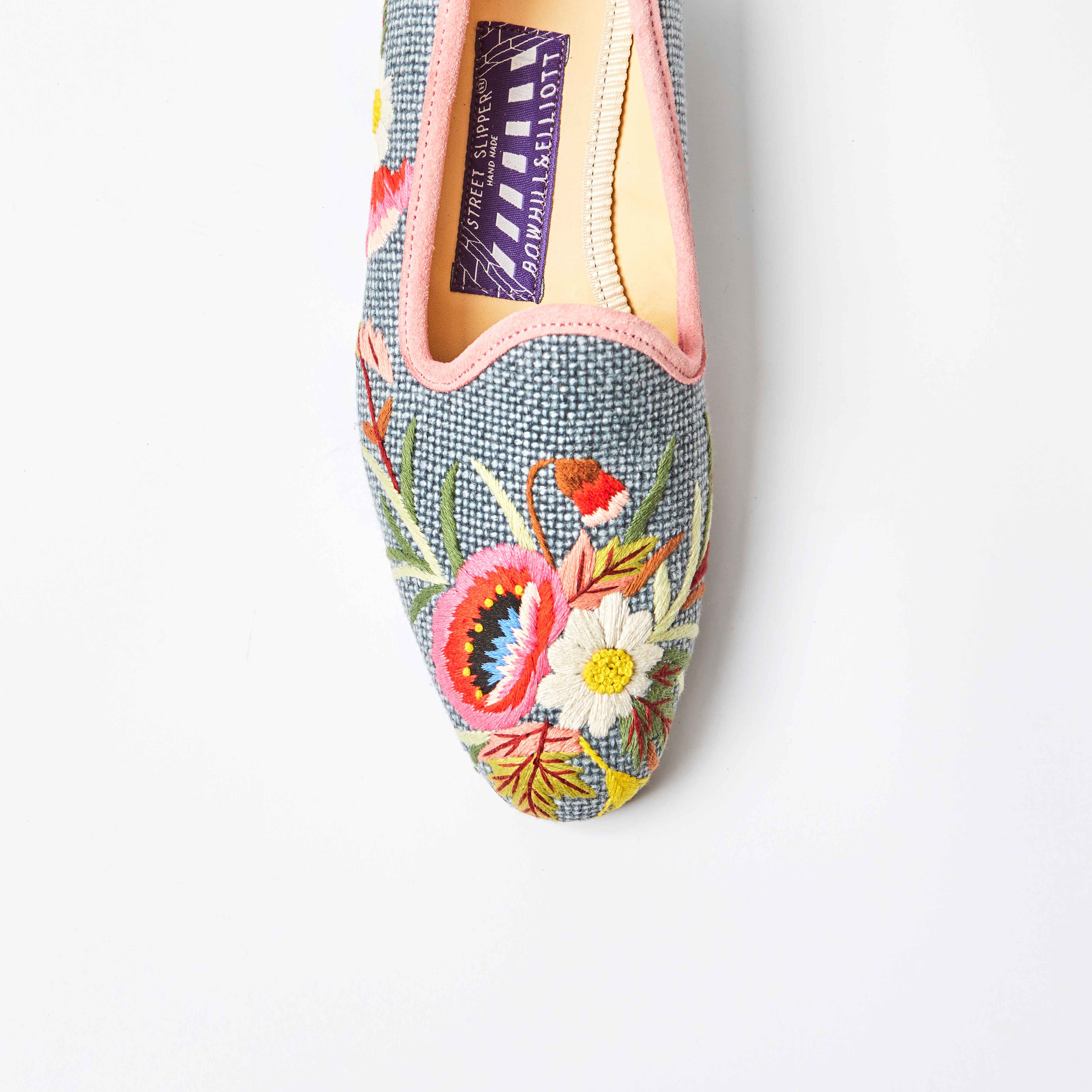Denim Linen Venetian Slippers with Embroidered Poppies