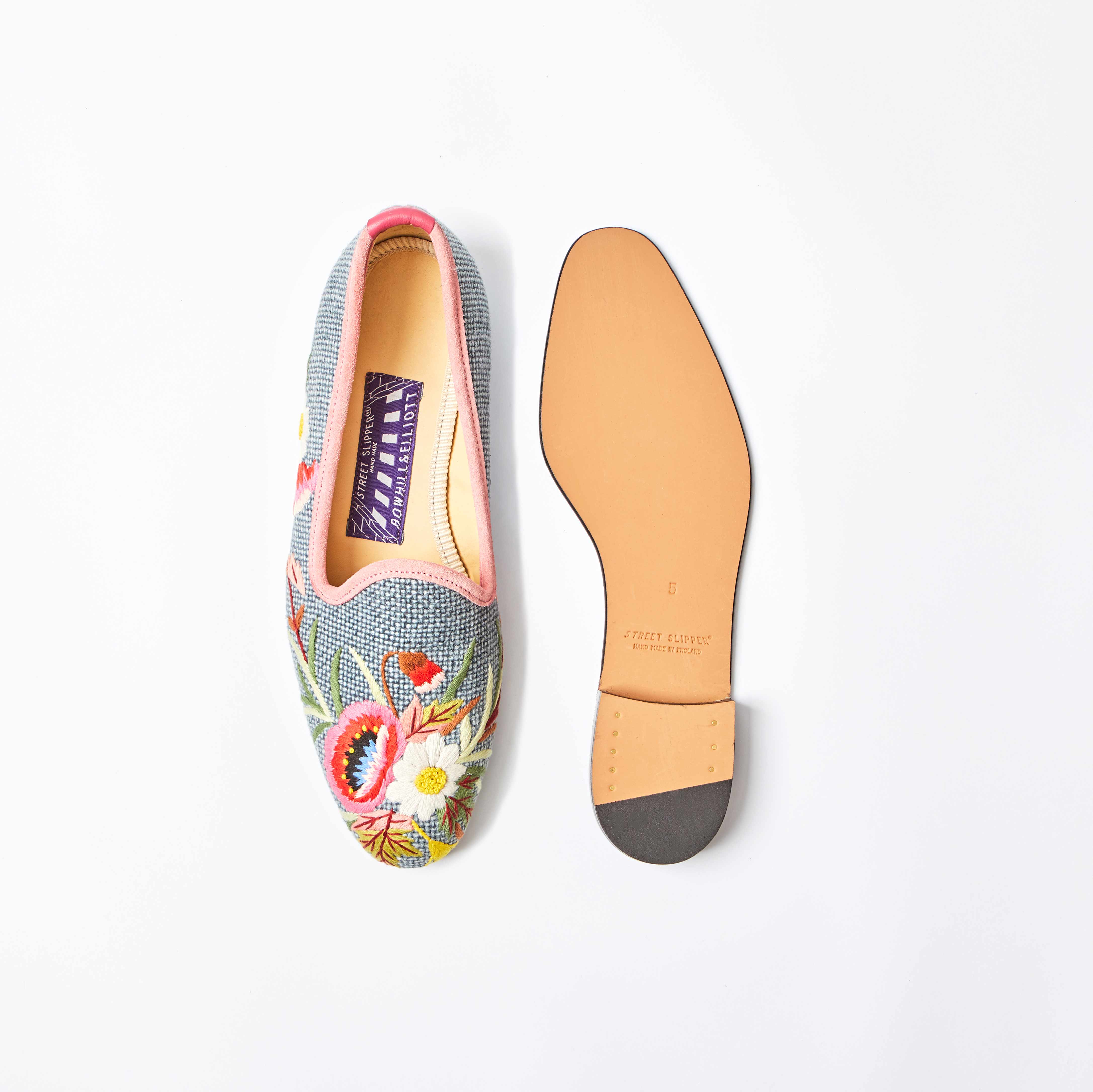 Denim Linen Venetian Slippers with Embroidered Poppies